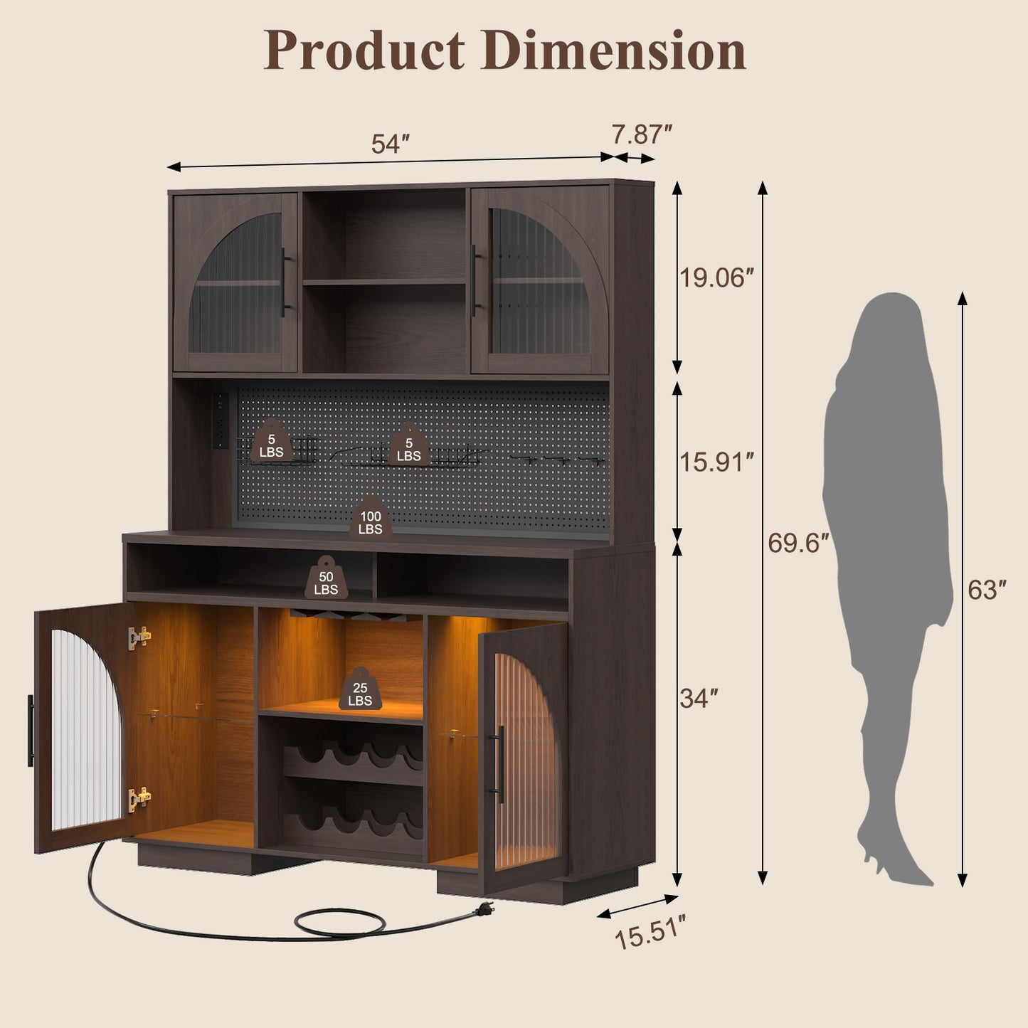 SOLACE FURNITURE 71" Pantry Cabinet, Kitchen Cabinet with Charging Station, Kitchen Hutch Storage with Pegboard and LED Light