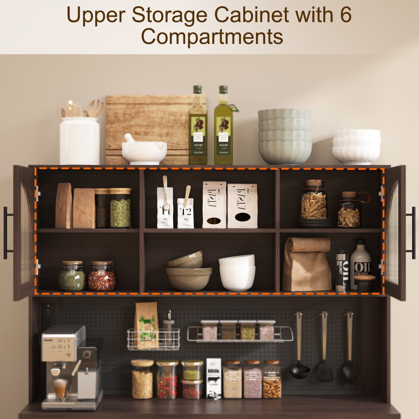 SOLACE FURNITURE 71" Pantry Cabinet, Kitchen Cabinet with Charging Station, Kitchen Hutch Storage with Pegboard and LED Light