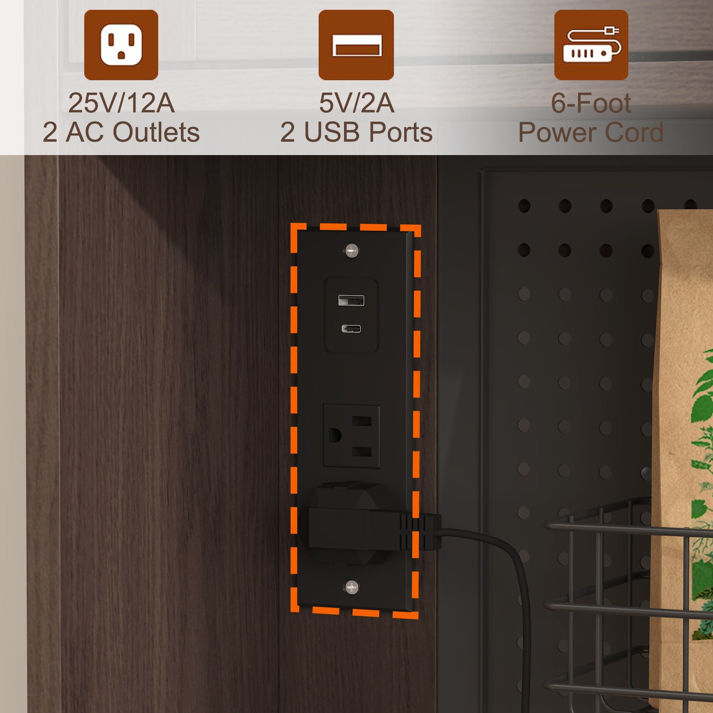 SOLACE FURNITURE 71" Pantry Cabinet, Kitchen Cabinet with Charging Station, Kitchen Hutch Storage with Pegboard and LED Light