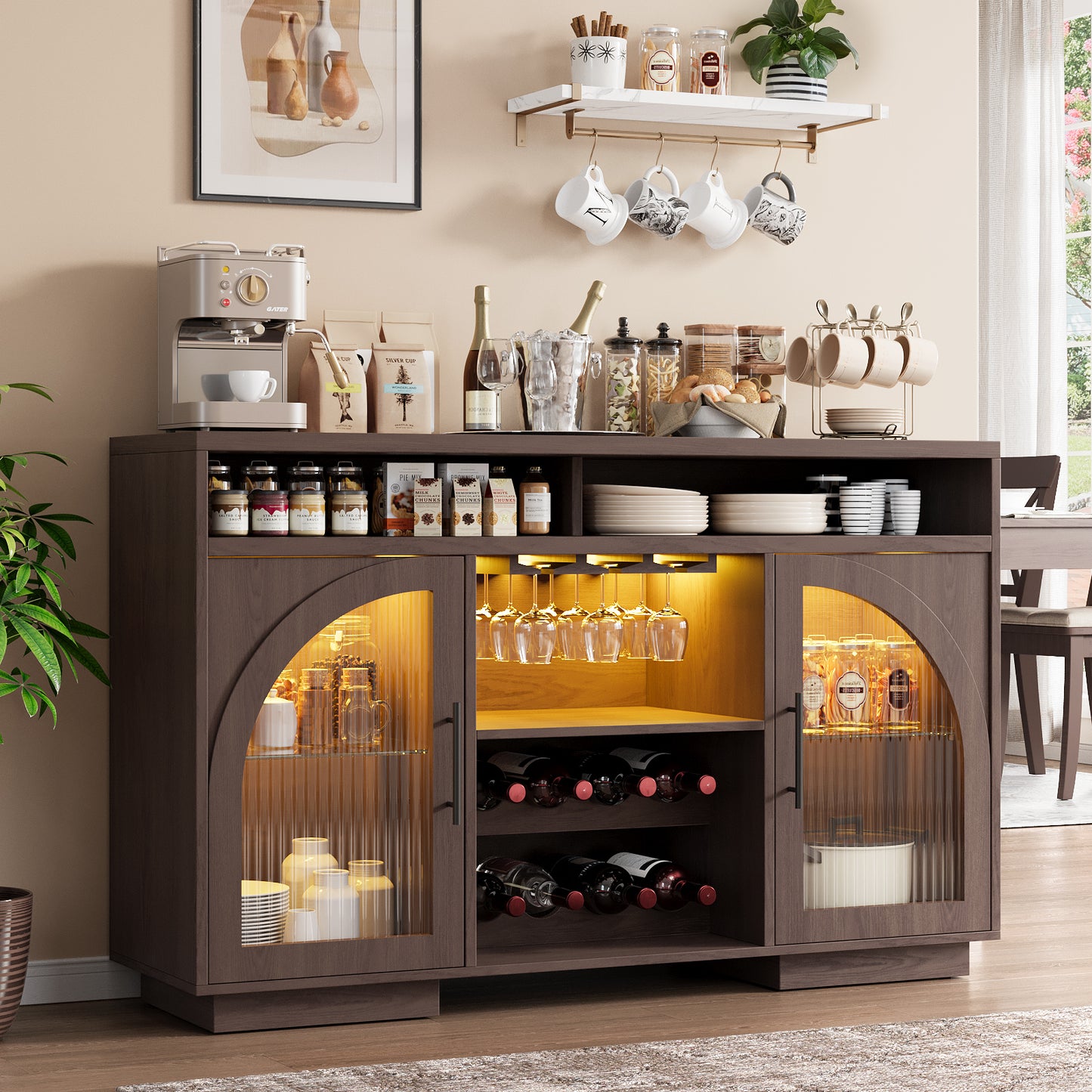 SOLACE FURNITURE Sideboard Buffet Cabinet, 54" Kitchen Cabinet with LED Lights & Arched Glass Doors