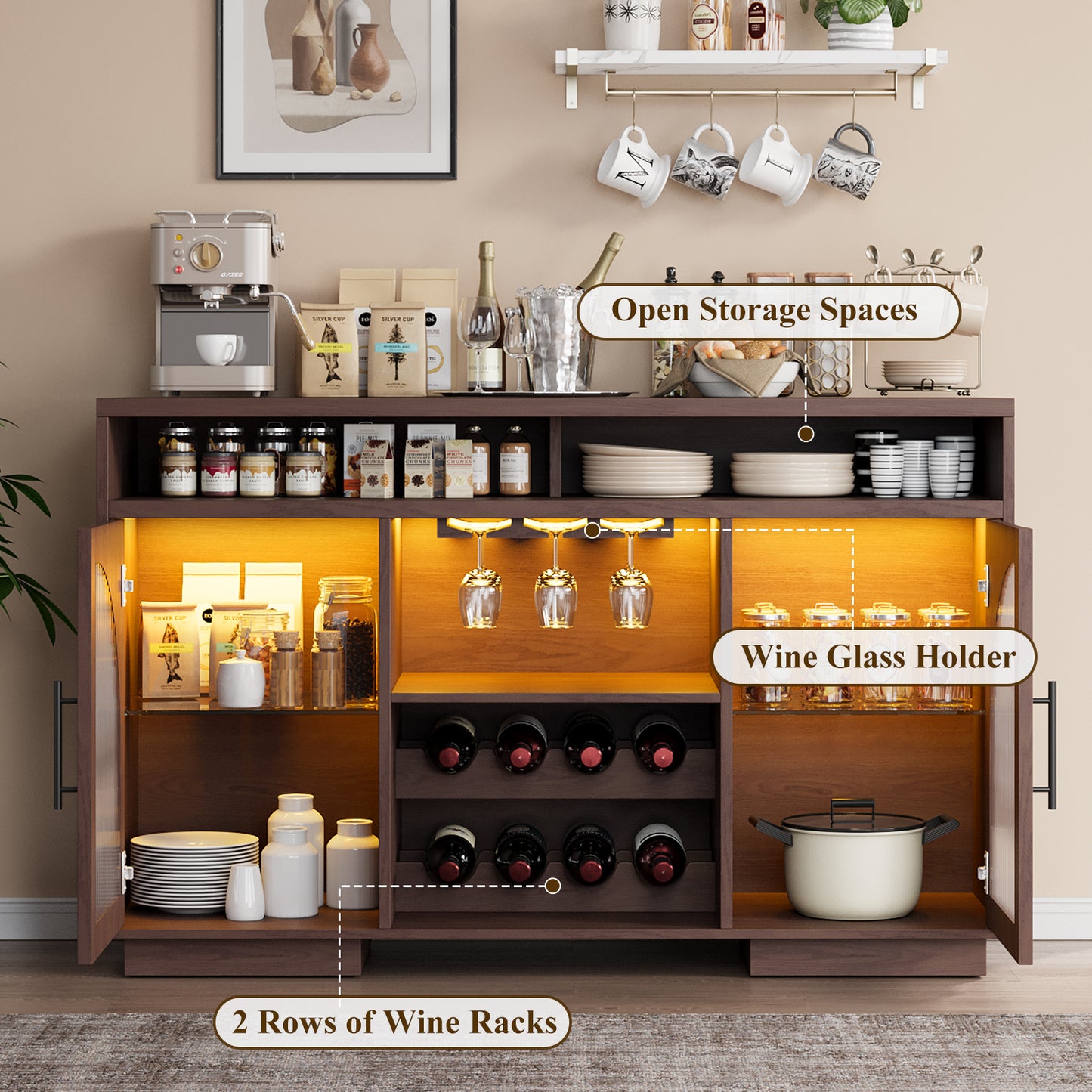 SOLACE FURNITURE Sideboard Buffet Cabinet, 54" Kitchen Cabinet with LED Lights & Arched Glass Doors