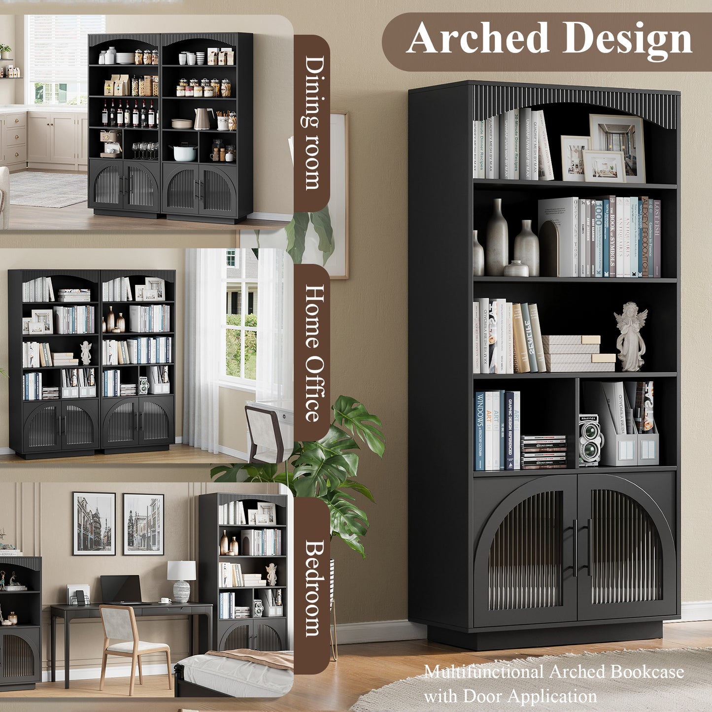 SOLACE FURNITURE 70" Tall Bookshelf, Bookcase with Doors, 5 Tier Bookshelf with Cabinet & Adjustable Shelves