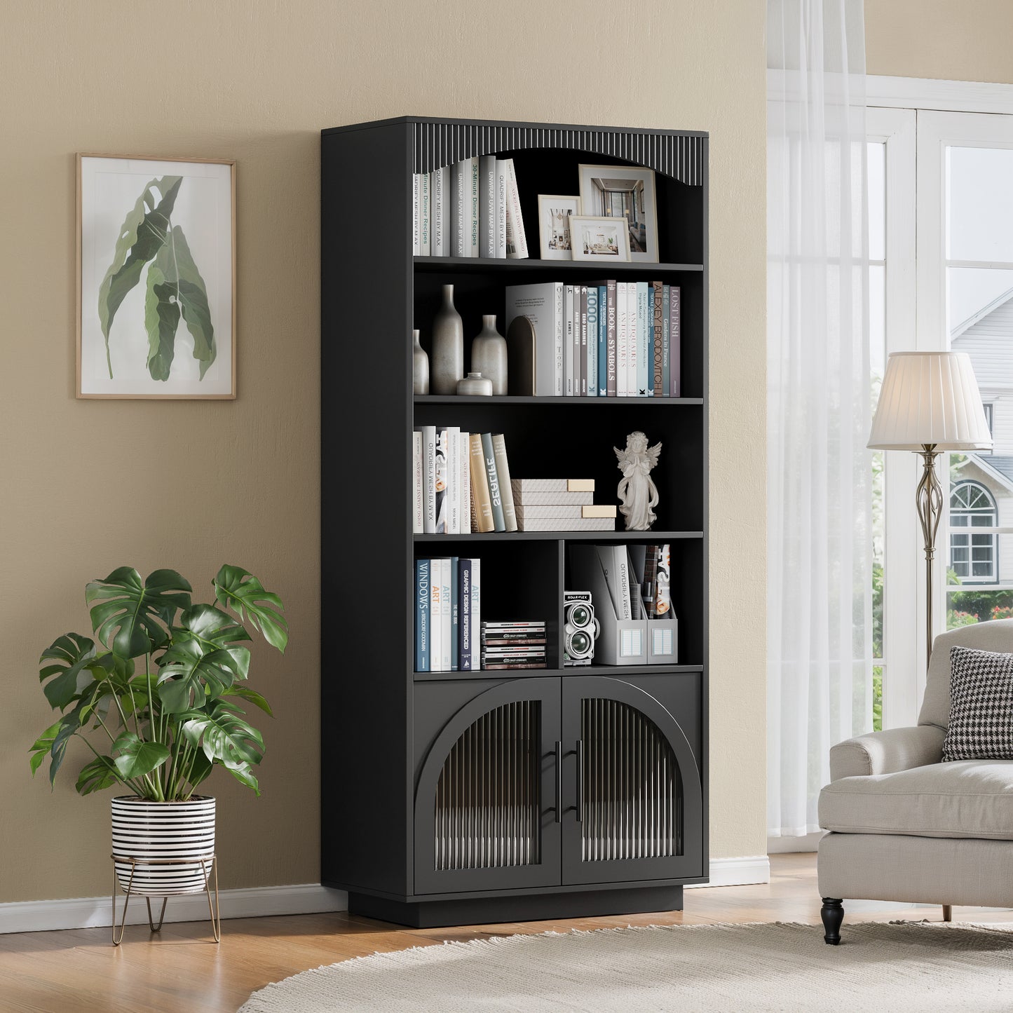 SOLACE FURNITURE 70" Tall Bookshelf, Bookcase with Doors, 5 Tier Bookshelf with Cabinet & Adjustable Shelves