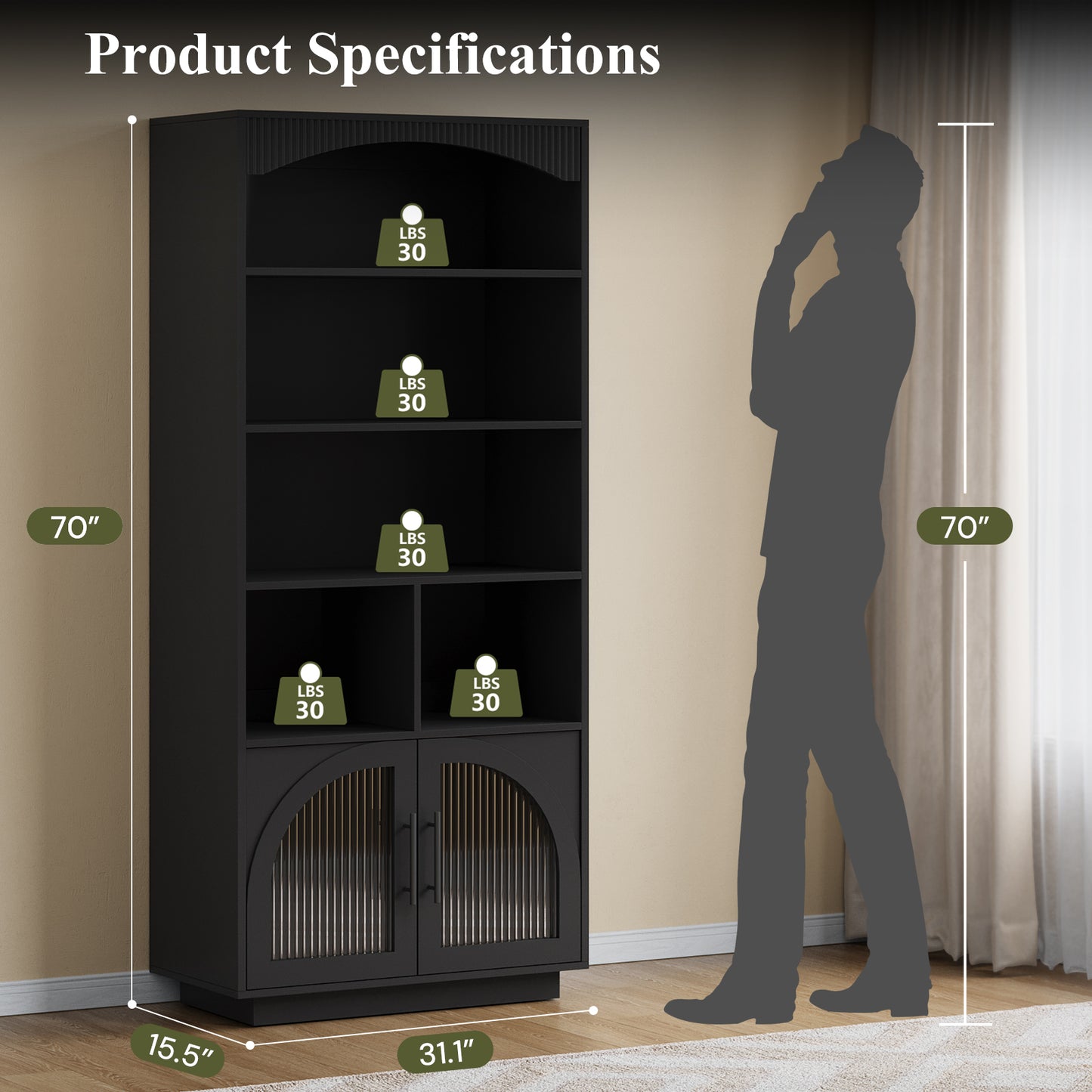 SOLACE FURNITURE 70" Tall Bookshelf, Bookcase with Doors, 5 Tier Bookshelf with Cabinet & Adjustable Shelves