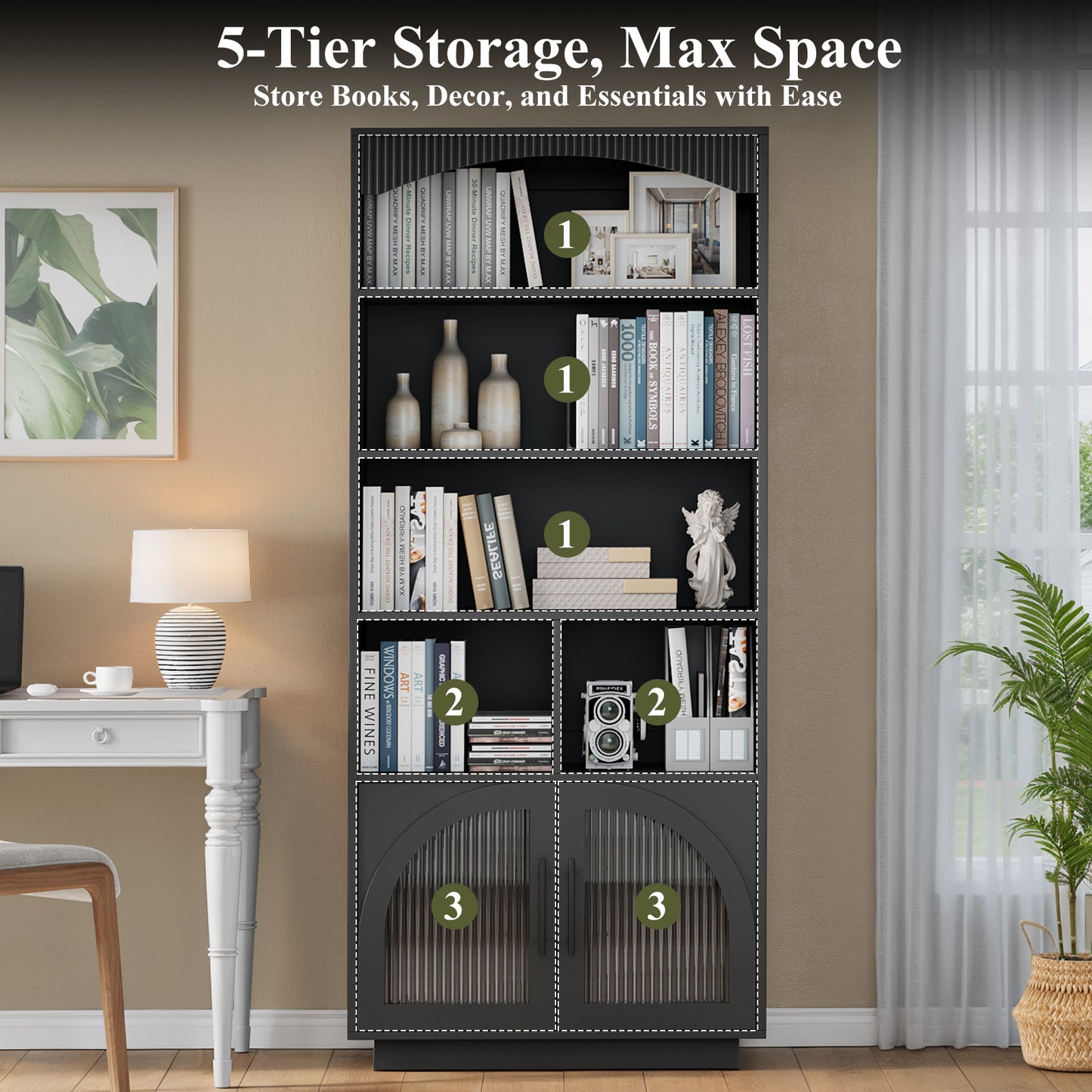 SOLACE FURNITURE 70" Tall Bookshelf, Bookcase with Doors, 5 Tier Bookshelf with Cabinet & Adjustable Shelves