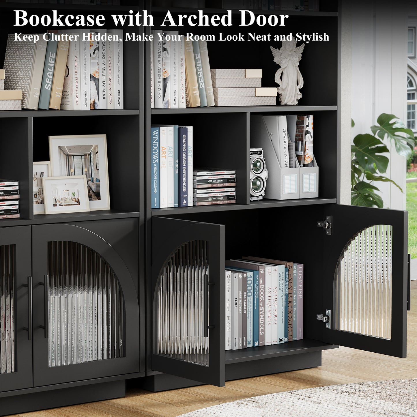 SOLACE FURNITURE 70" Tall Bookshelf, Bookcase with Doors, 5 Tier Bookshelf with Cabinet & Adjustable Shelves