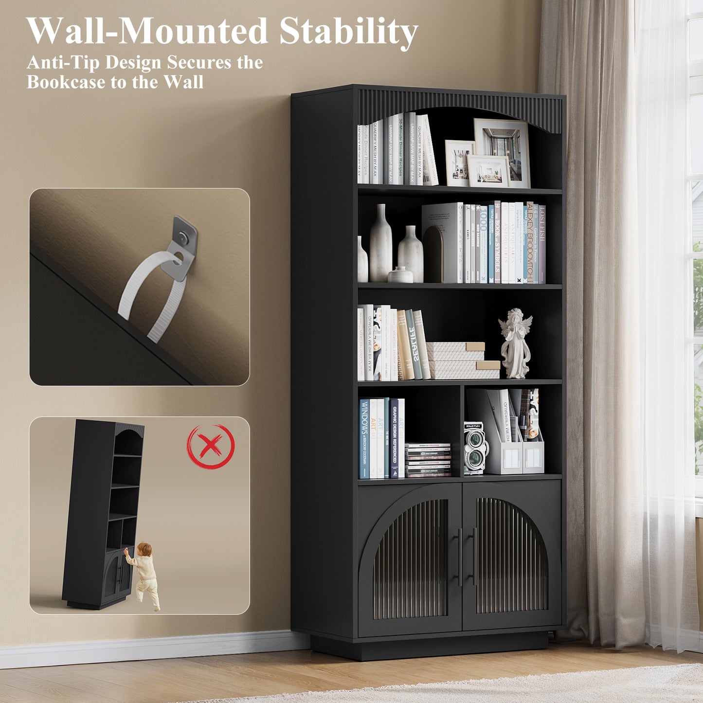 SOLACE FURNITURE 70" Tall Bookshelf, Bookcase with Doors, 5 Tier Bookshelf with Cabinet & Adjustable Shelves