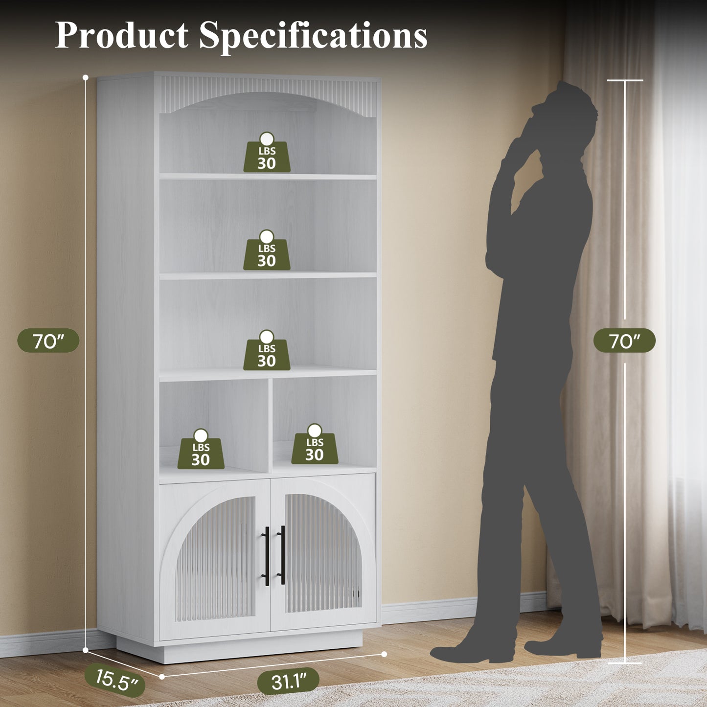 SOLACE FURNITURE 70" Tall Bookshelf, Bookcase with Doors, 5 Tier Bookshelf with Cabinet & Adjustable Shelves