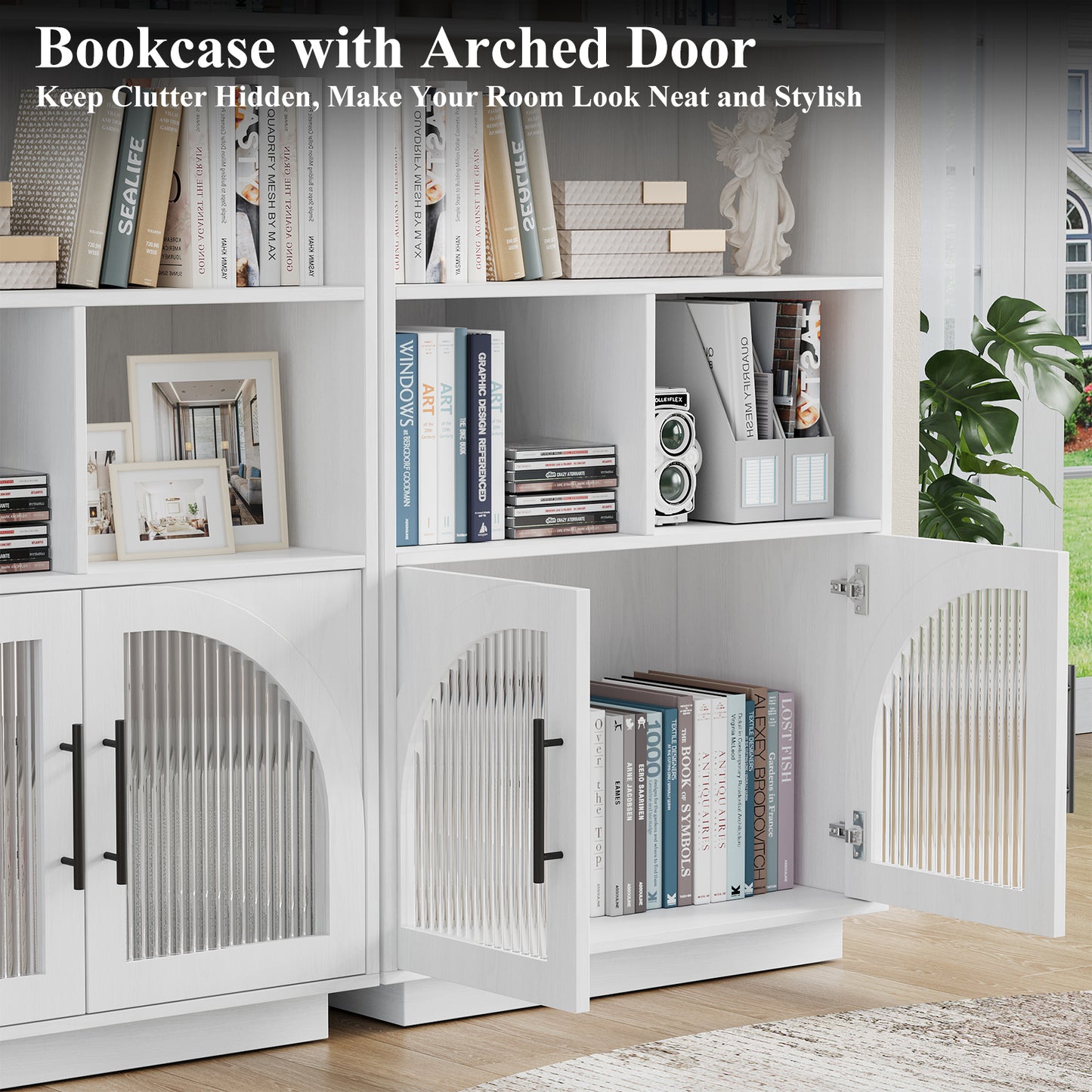 SOLACE FURNITURE 70" Tall Bookshelf, Bookcase with Doors, 5 Tier Bookshelf with Cabinet & Adjustable Shelves