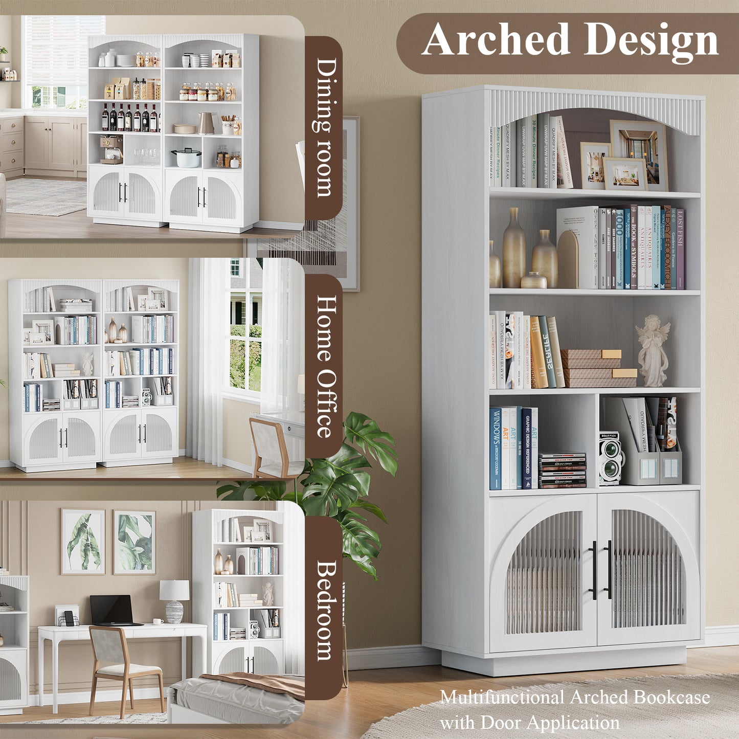 SOLACE FURNITURE 70" Tall Bookshelf, Bookcase with Doors, 5 Tier Bookshelf with Cabinet & Adjustable Shelves