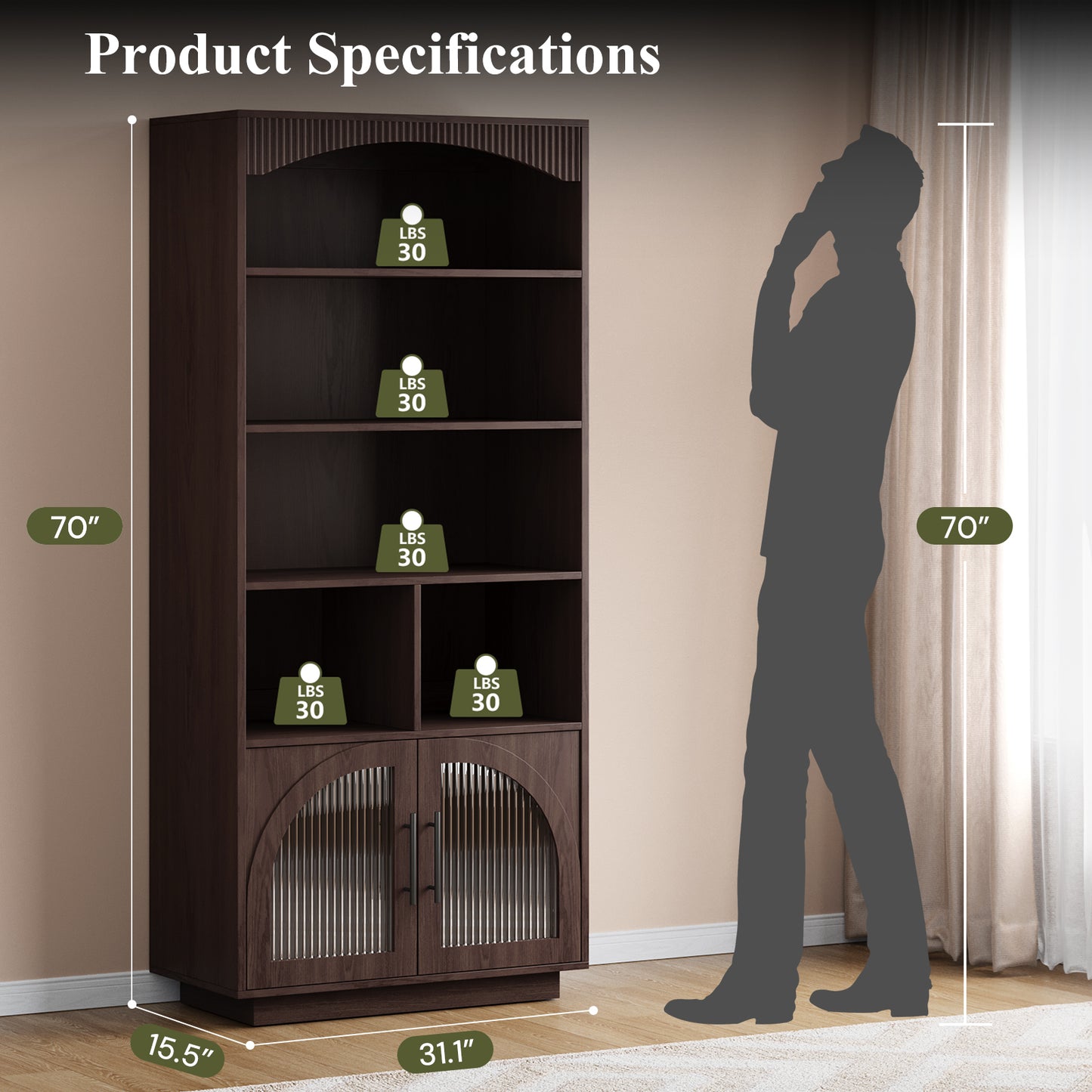 SOLACE FURNITURE 70" Tall Bookshelf, Bookcase with Doors, 5 Tier Bookshelf with Cabinet & Adjustable Shelves