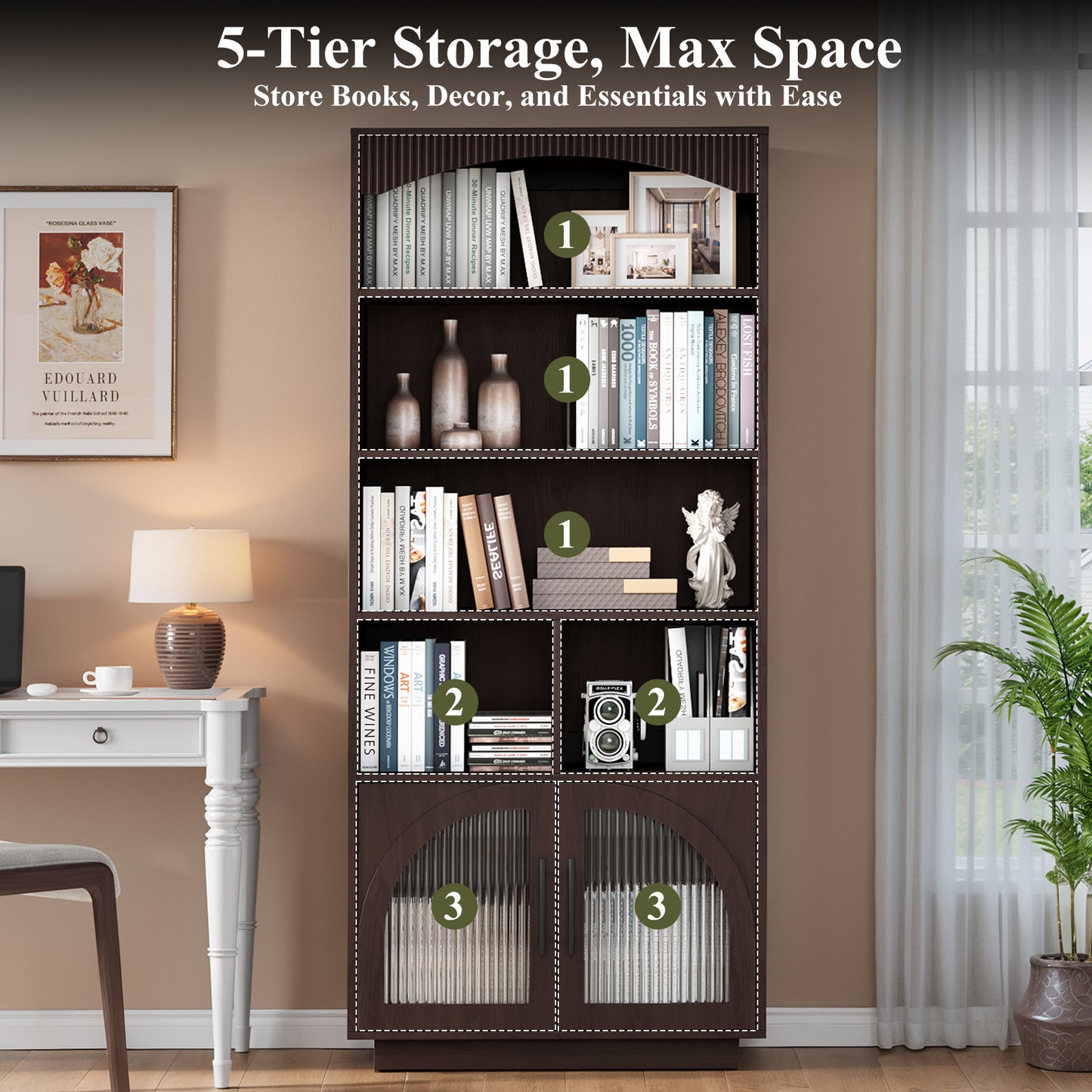 SOLACE FURNITURE 70" Tall Bookshelf, Bookcase with Doors, 5 Tier Bookshelf with Cabinet & Adjustable Shelves