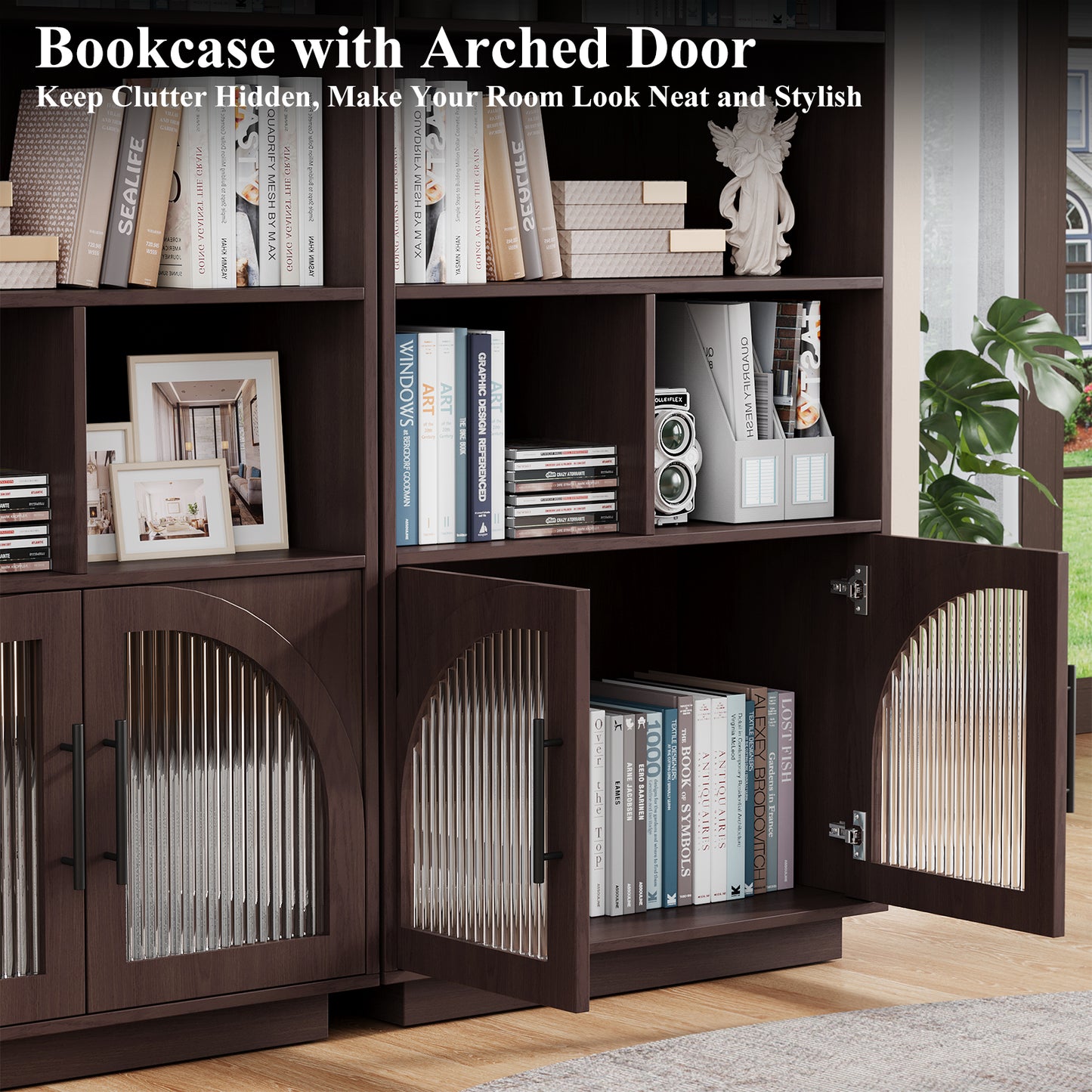 SOLACE FURNITURE 70" Tall Bookshelf, Bookcase with Doors, 5 Tier Bookshelf with Cabinet & Adjustable Shelves