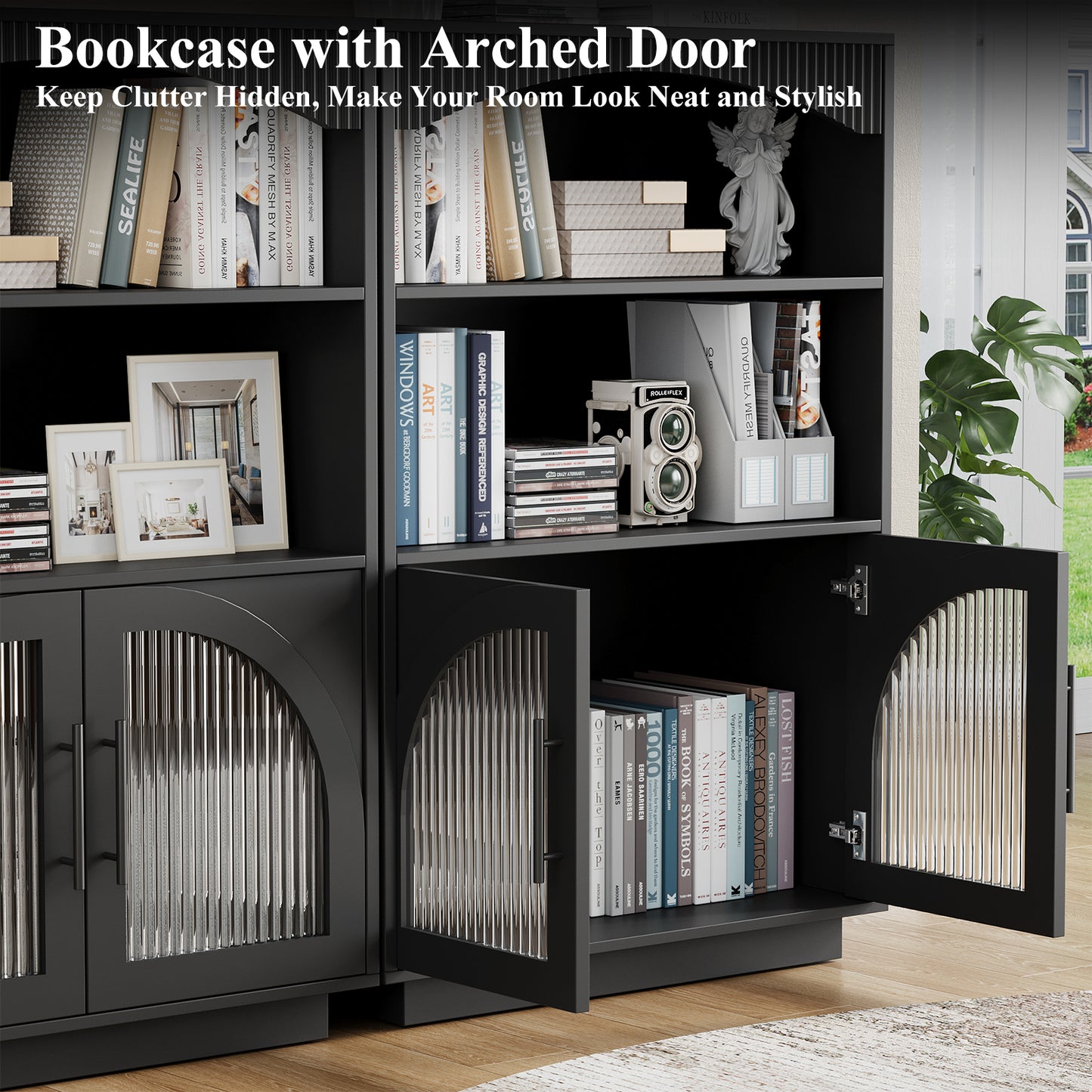 SOLACE FURNITURE 46" Bookshelf with Doors, Black Bookcase with Glass Door, 3 Tier Small Bookshelf