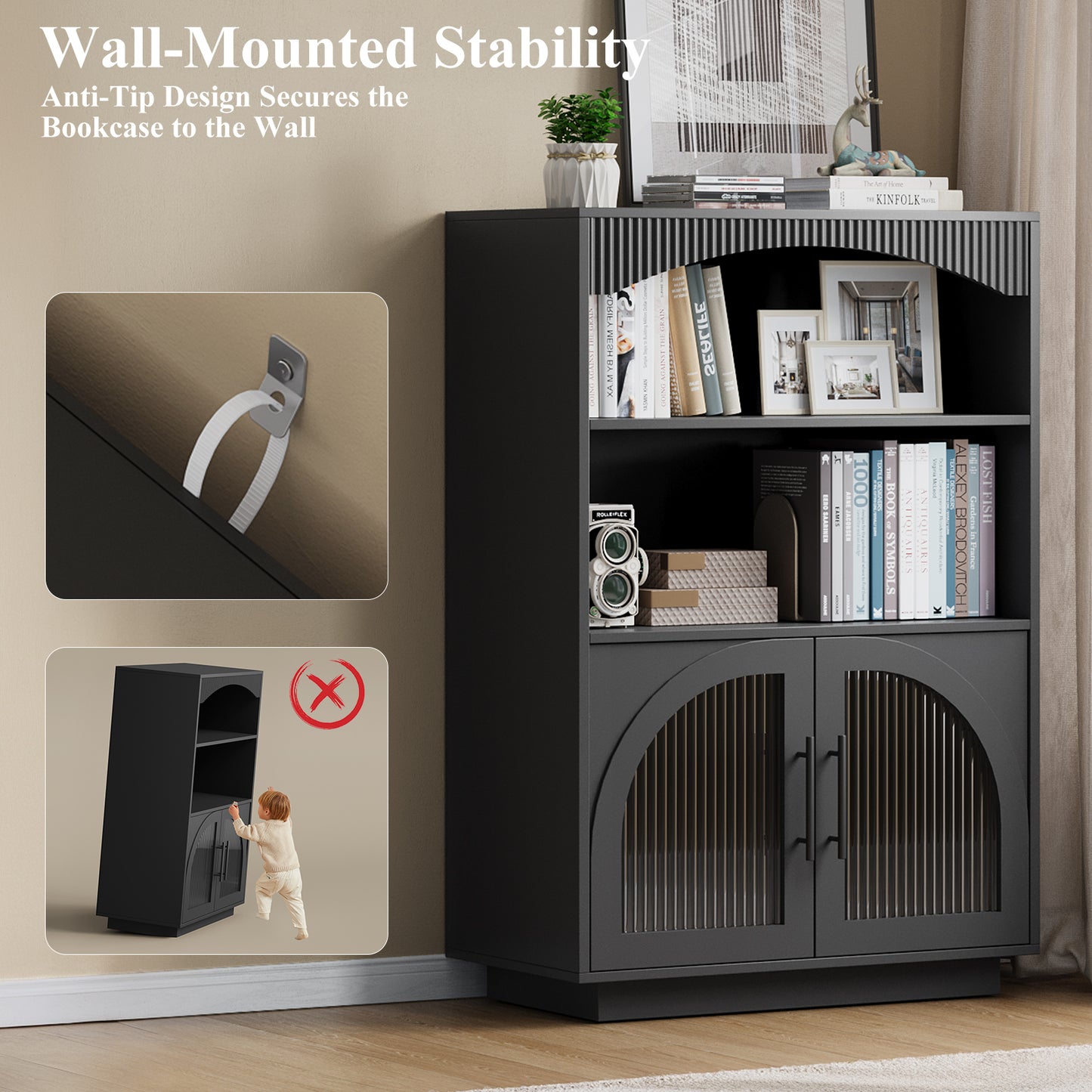 SOLACE FURNITURE 46" Bookshelf with Doors, Black Bookcase with Glass Door, 3 Tier Small Bookshelf