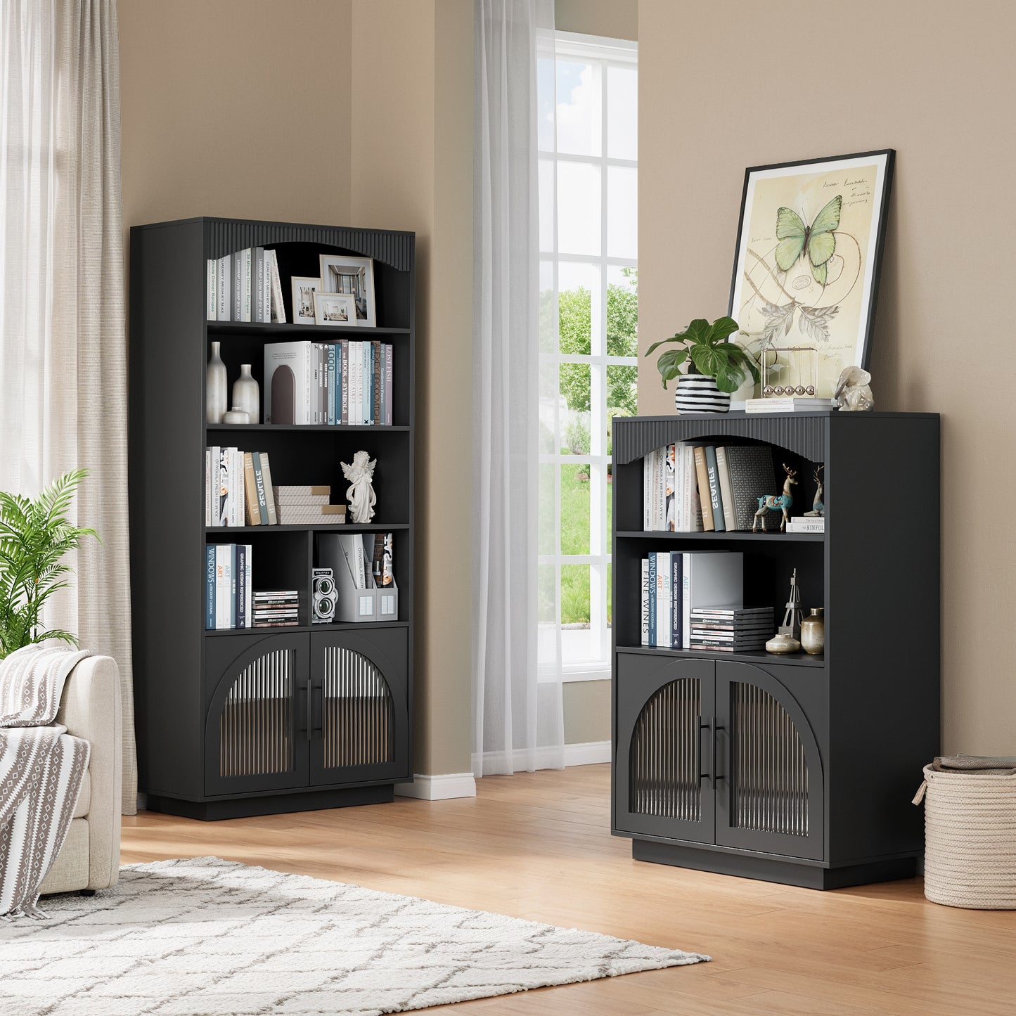 SOLACE FURNITURE 46" Bookshelf with Doors, Black Bookcase with Glass Door, 3 Tier Small Bookshelf