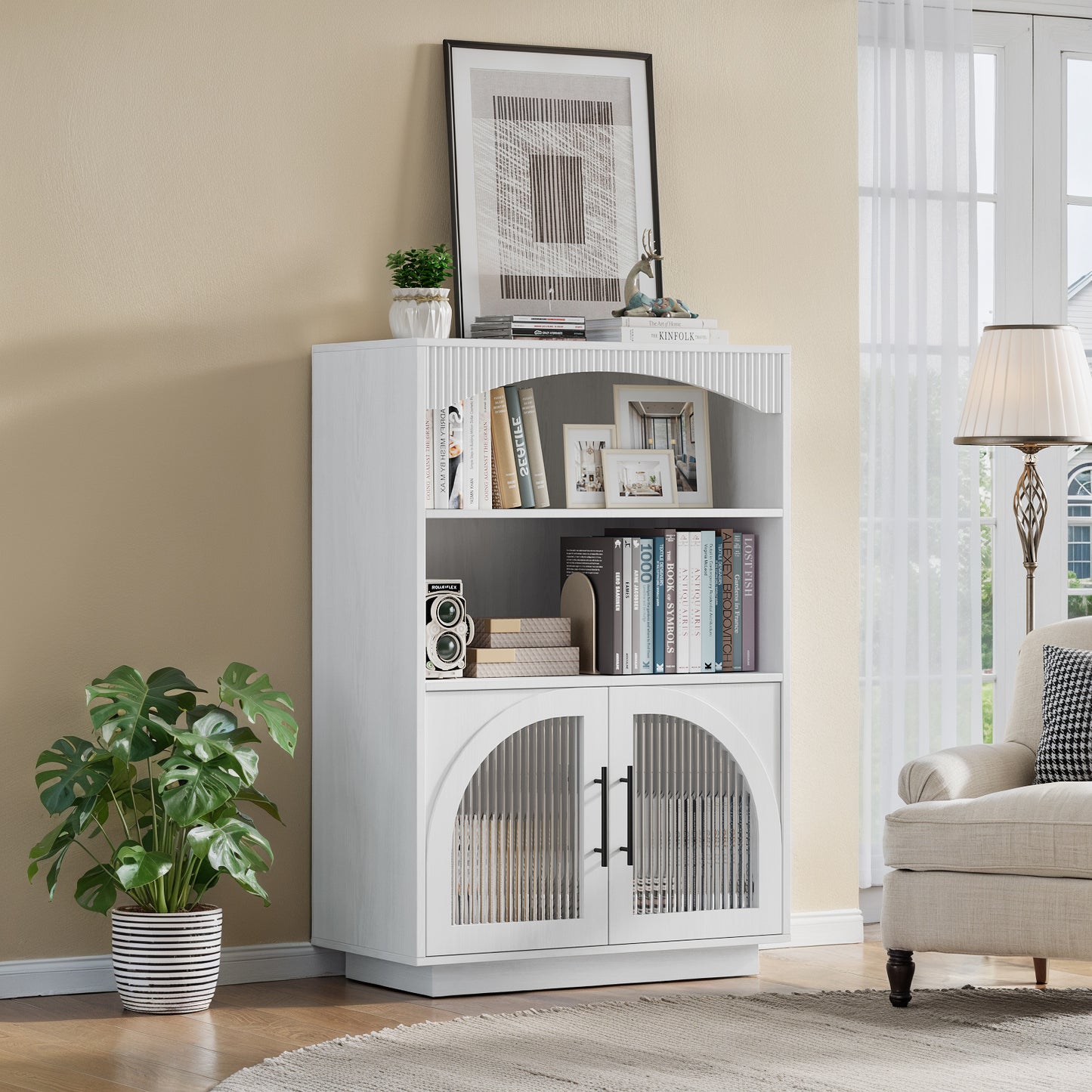 SOLACE FURNITURE 46" Bookshelf with Doors, Black Bookcase with Glass Door, 3 Tier Small Bookshelf