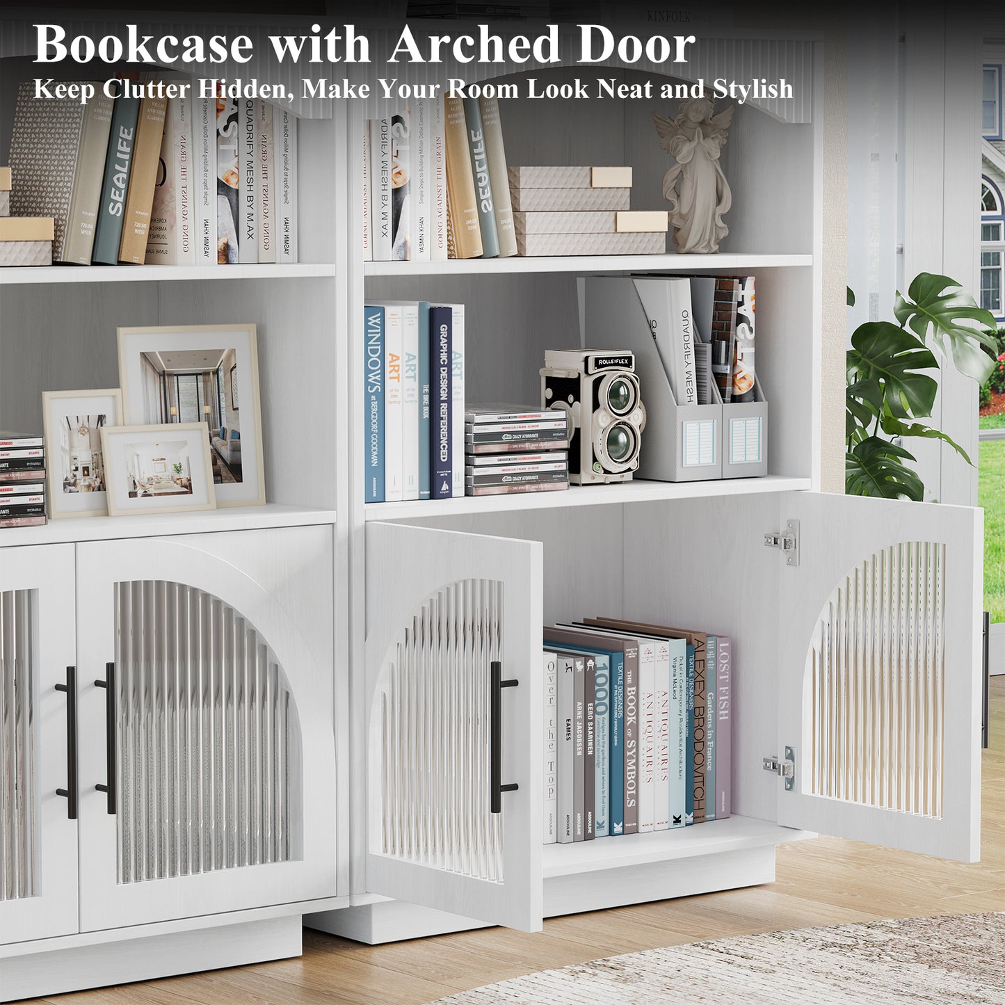 SOLACE FURNITURE 46" Bookshelf with Doors, Black Bookcase with Glass Door, 3 Tier Small Bookshelf