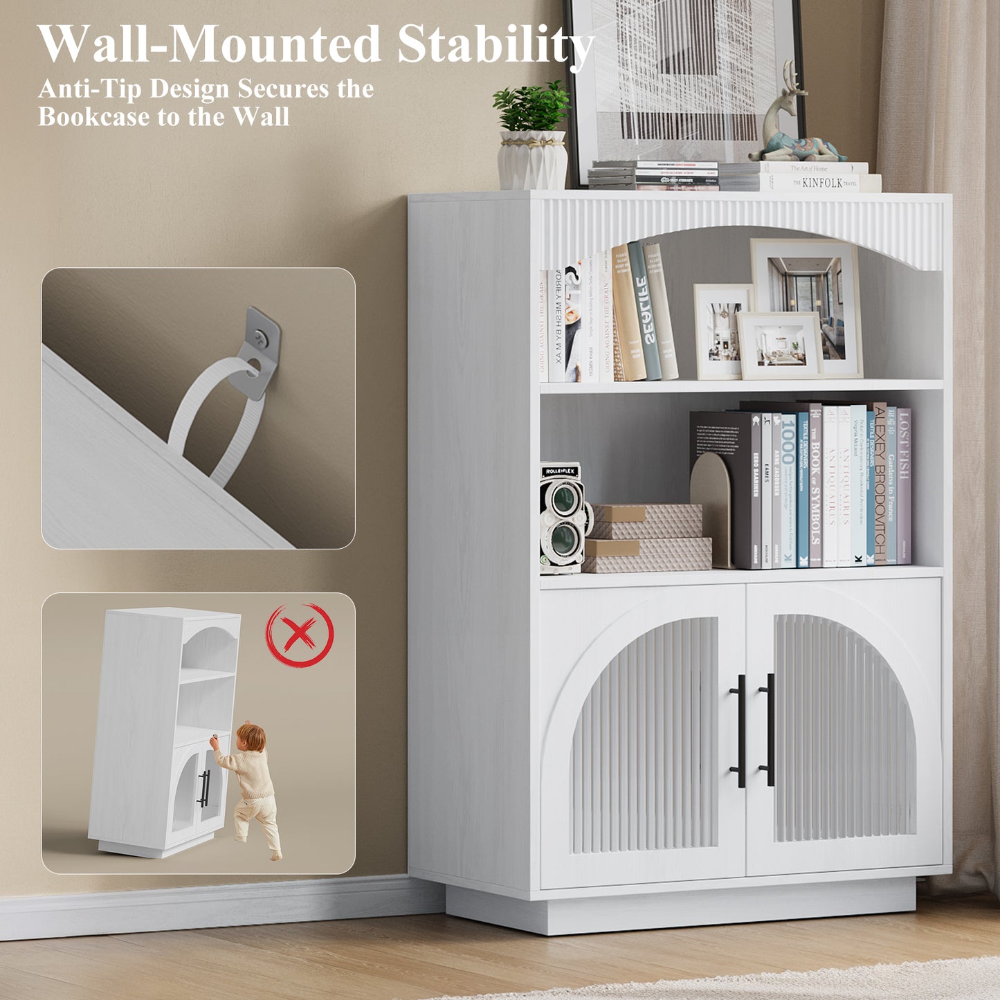 SOLACE FURNITURE 46" Bookshelf with Doors, Black Bookcase with Glass Door, 3 Tier Small Bookshelf