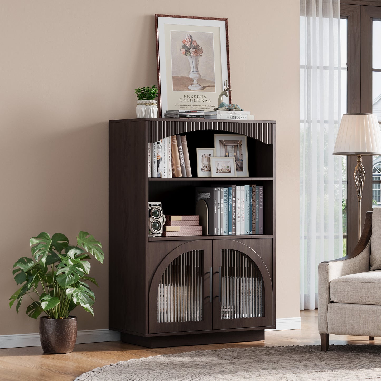 SOLACE FURNITURE 46" Bookshelf with Doors, Black Bookcase with Glass Door, 3 Tier Small Bookshelf