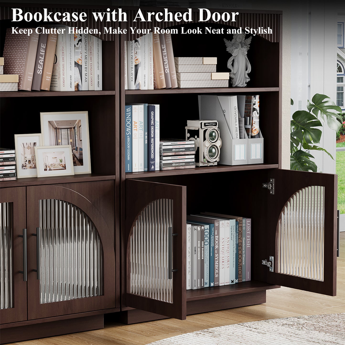 SOLACE FURNITURE 46" Bookshelf with Doors, Black Bookcase with Glass Door, 3 Tier Small Bookshelf