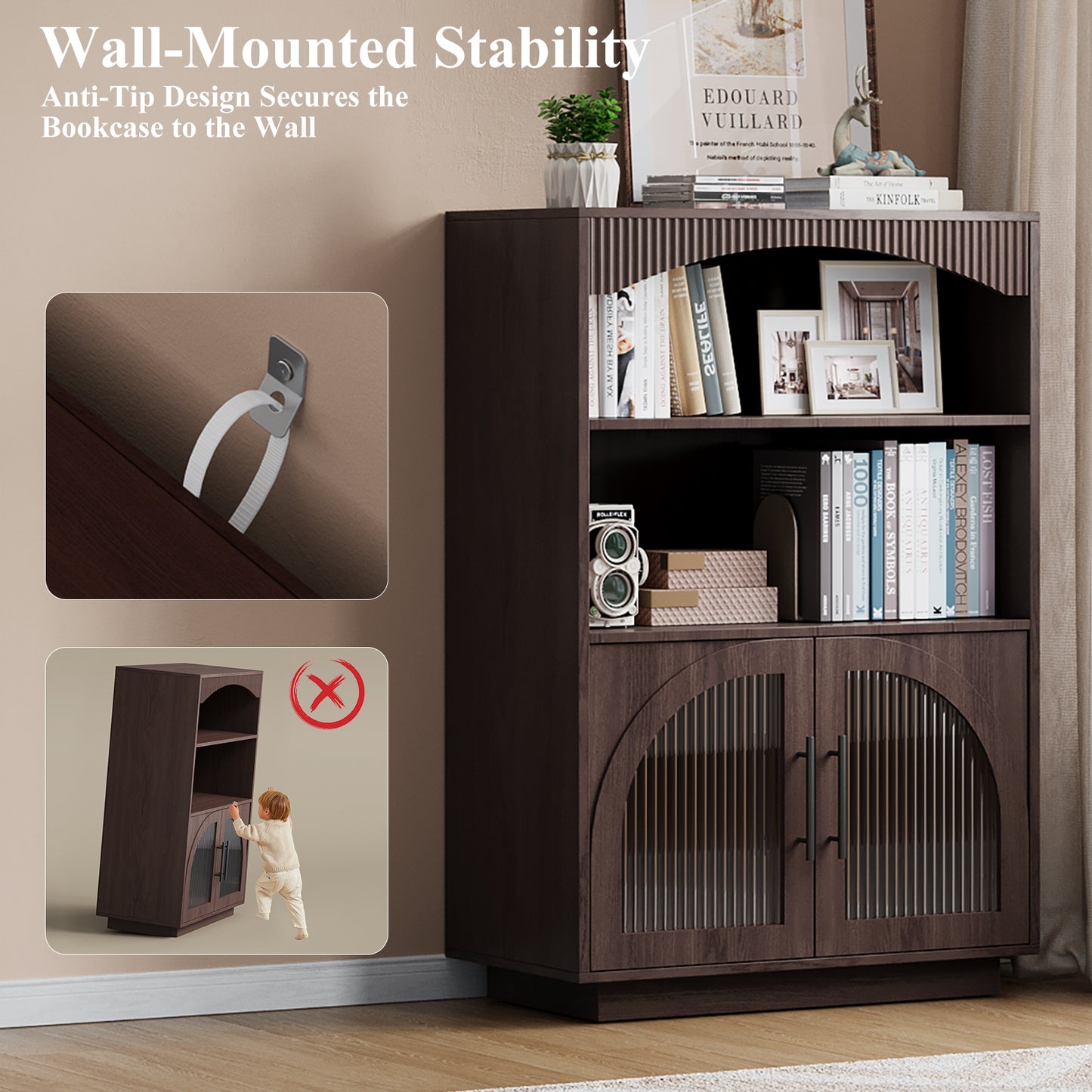 SOLACE FURNITURE 46" Bookshelf with Doors, Black Bookcase with Glass Door, 3 Tier Small Bookshelf