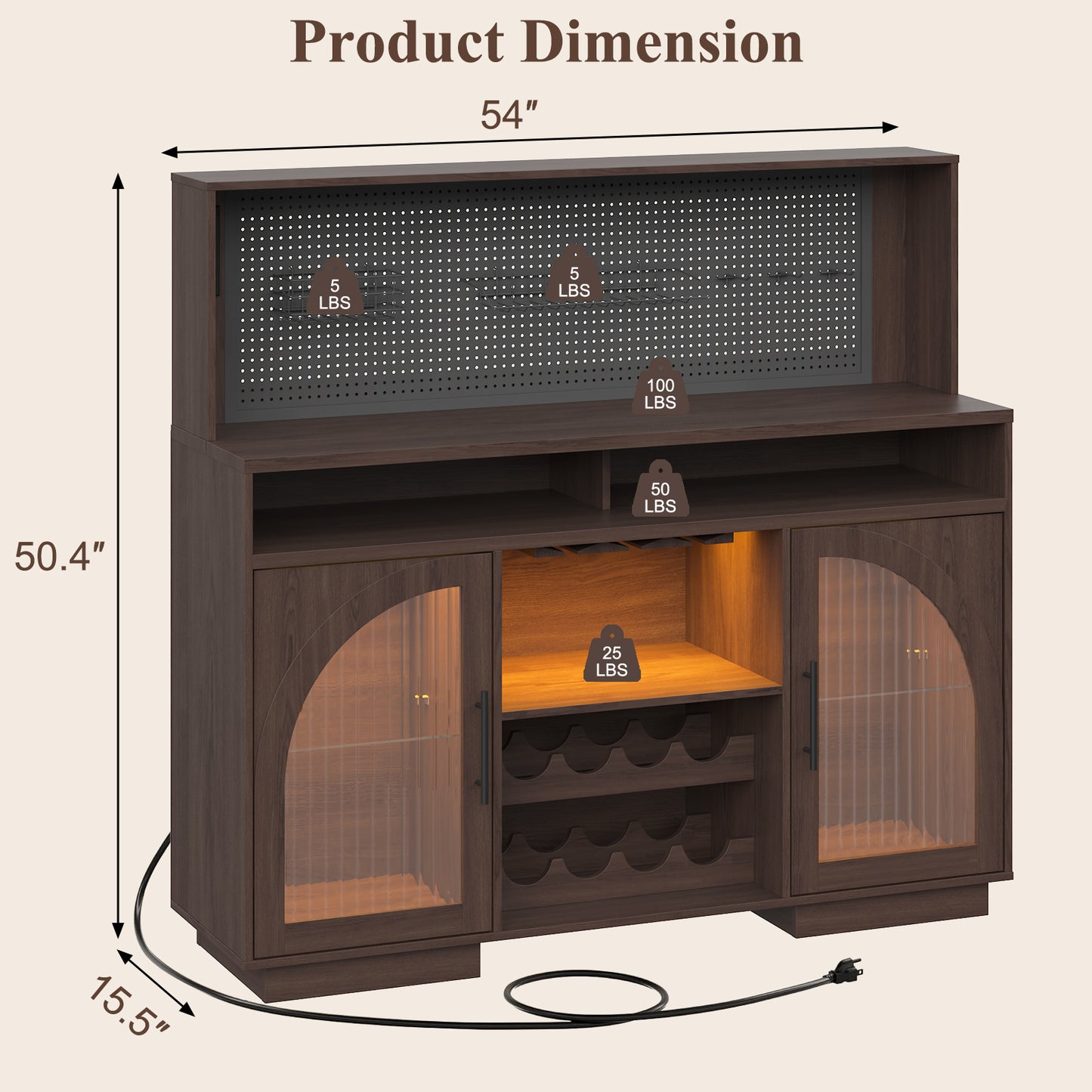 SOLACE FURNITURE 54" Wide Kitchen Hutch Cabinet w/Wine Rack for Kitchen Dining Room