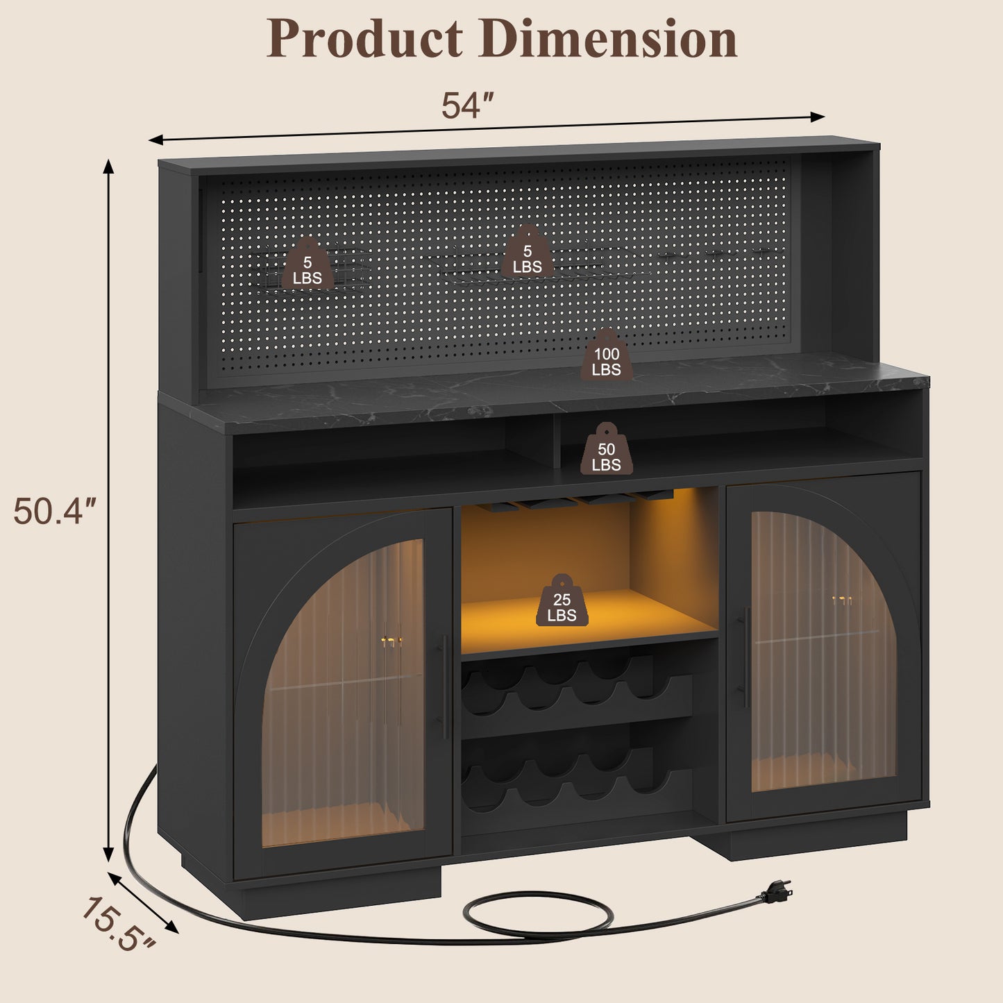 SOLACE FURNITURE 54" Wide Kitchen Hutch Cabinet w/Wine Rack for Kitchen Dining Room