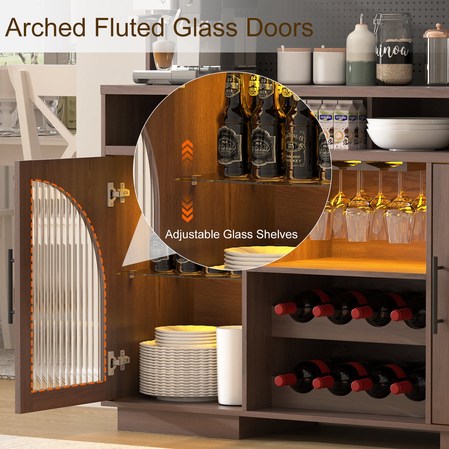 SOLACE FURNITURE 54" Wide Kitchen Hutch Cabinet w/Wine Rack for Kitchen Dining Room