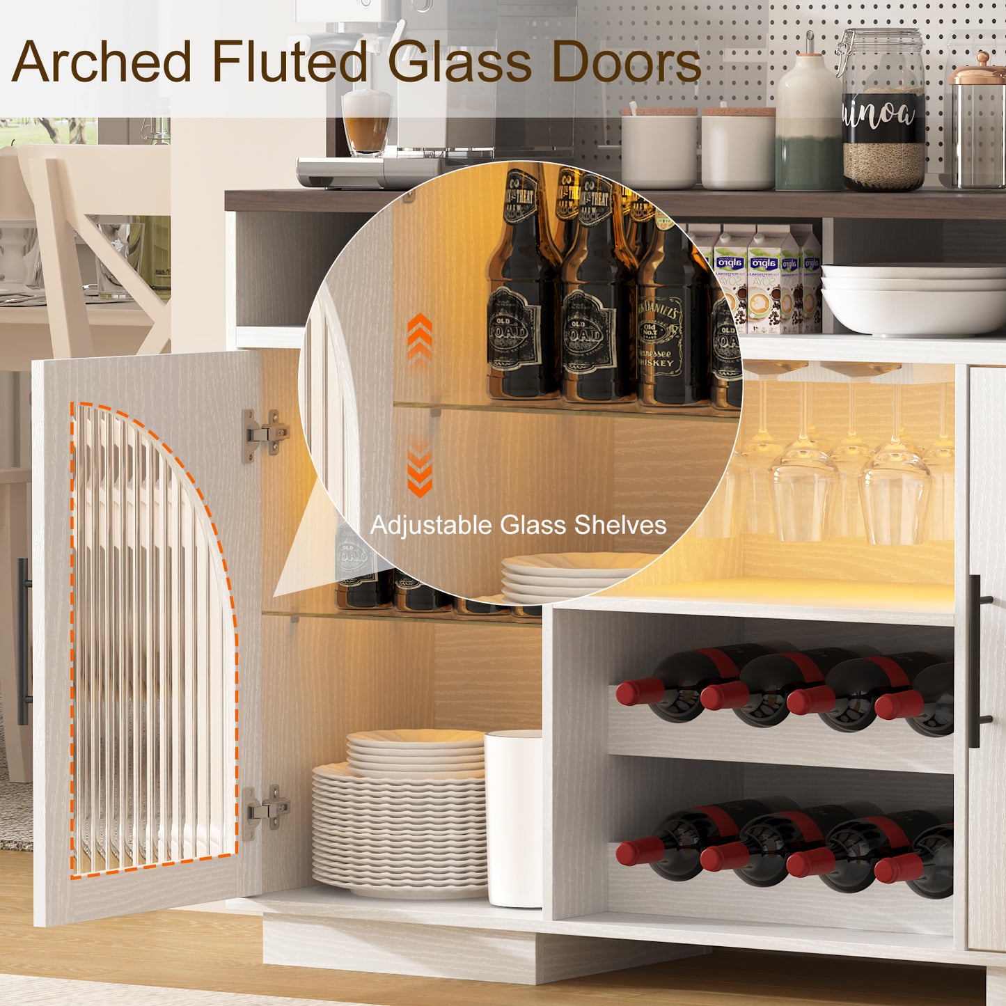 SOLACE FURNITURE 54" Wide Kitchen Hutch Cabinet w/Wine Rack for Kitchen Dining Room