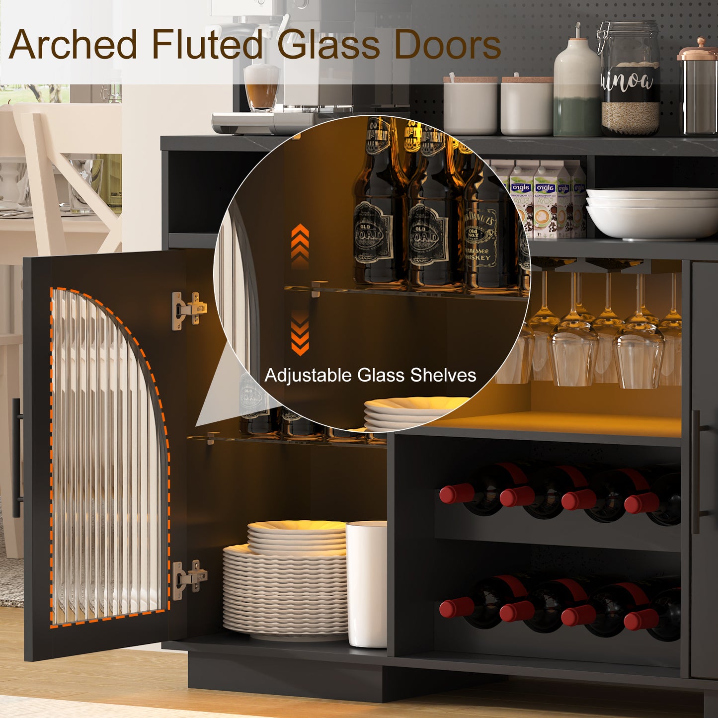 SOLACE FURNITURE 54" Wide Kitchen Hutch Cabinet w/Wine Rack for Kitchen Dining Room