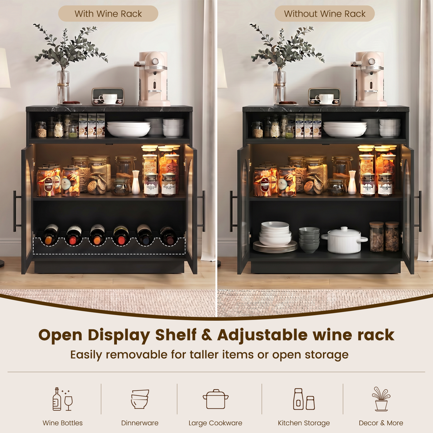 Sideboard Buffet Cabinet with Removable Wine Rack, Coffee Bar Cabinet with Open Shelf