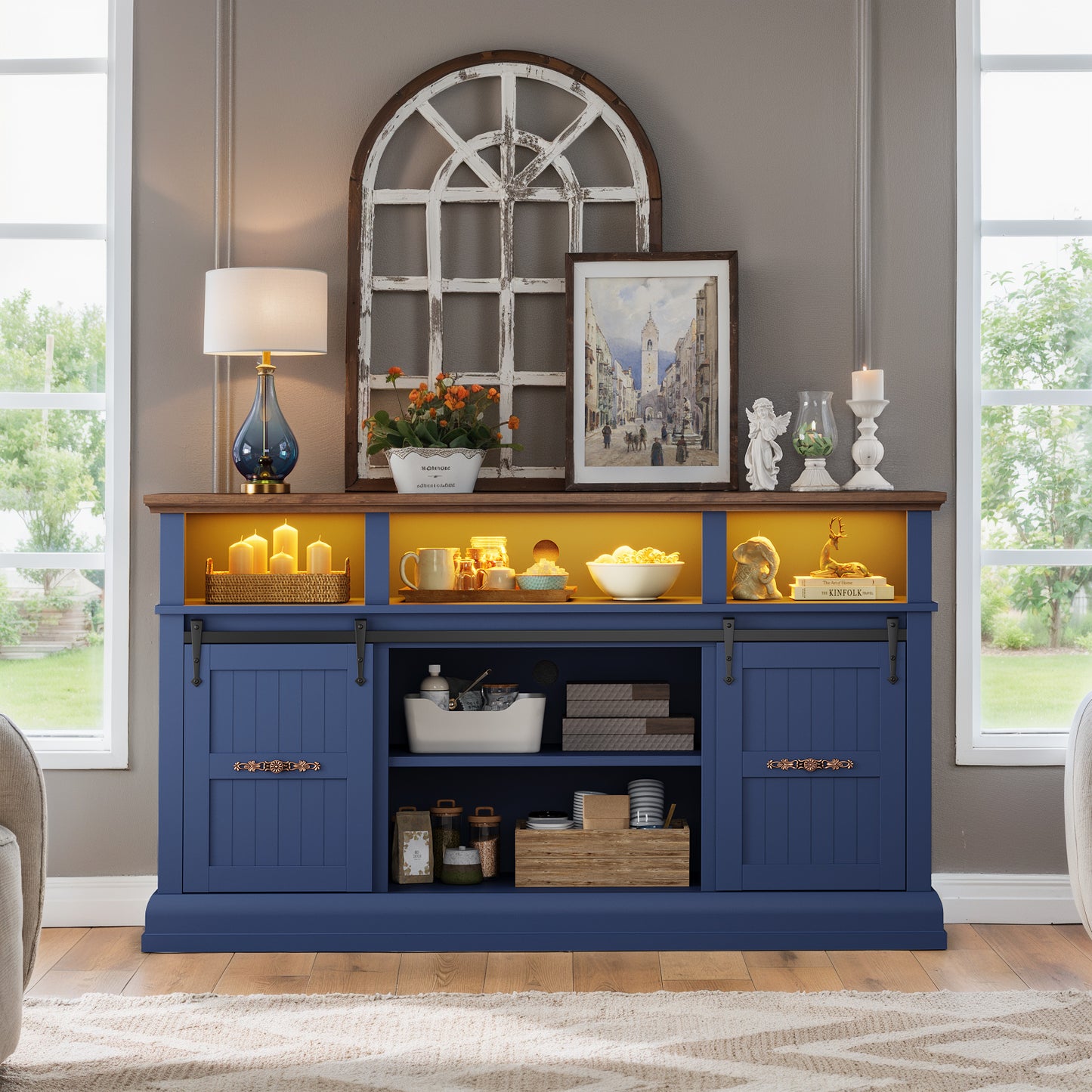 SOLACE FURNITURE Farmhouse TV Stand for 75 Inch TV, 32" Tall Entertainment Center with LED Light, Sliding Barn Doors TV Stand