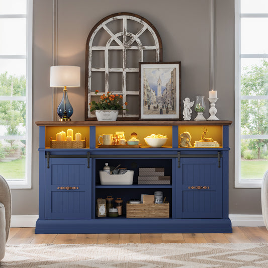 SOLACE FURNITURE Farmhouse TV Stand for 75 Inch TV, 32" Tall Entertainment Center with LED Light, Sliding Barn Doors TV Stand