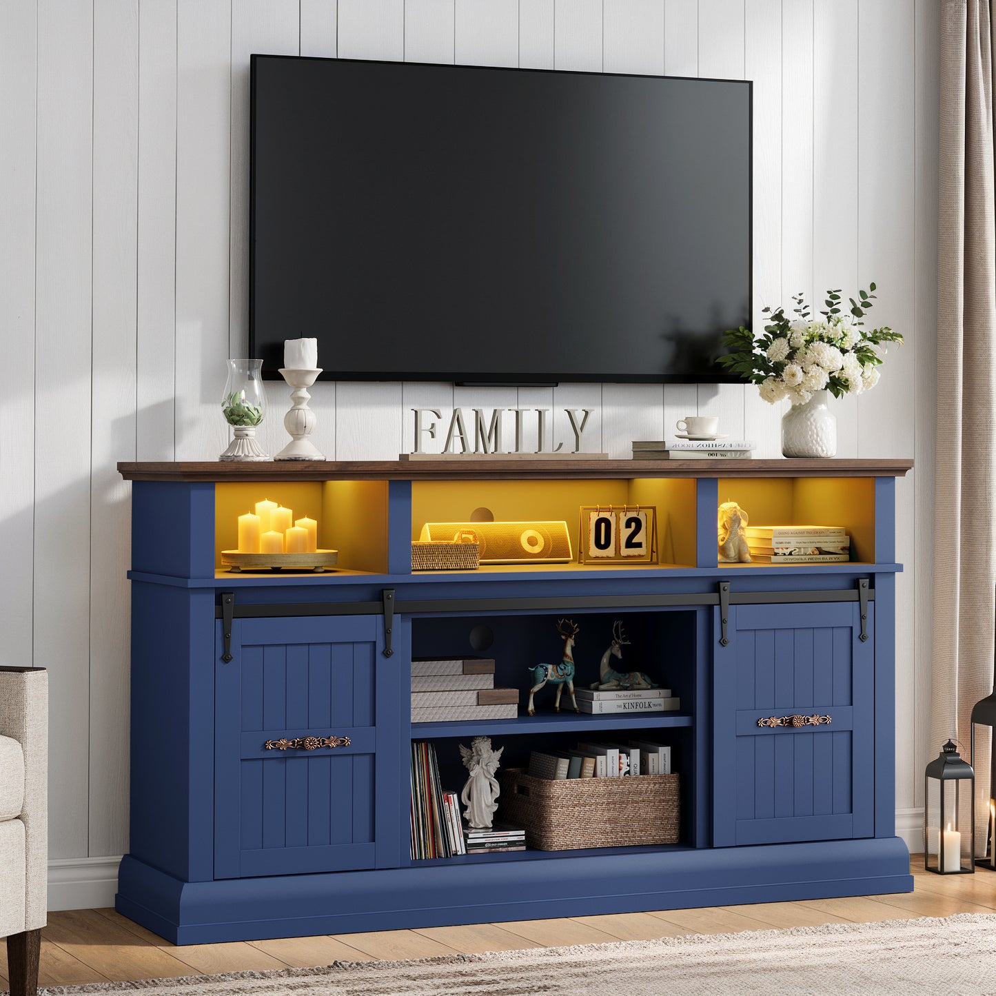 SOLACE FURNITURE Farmhouse TV Stand for 75 Inch TV, 32" Tall Entertainment Center with LED Light, Sliding Barn Doors TV Stand