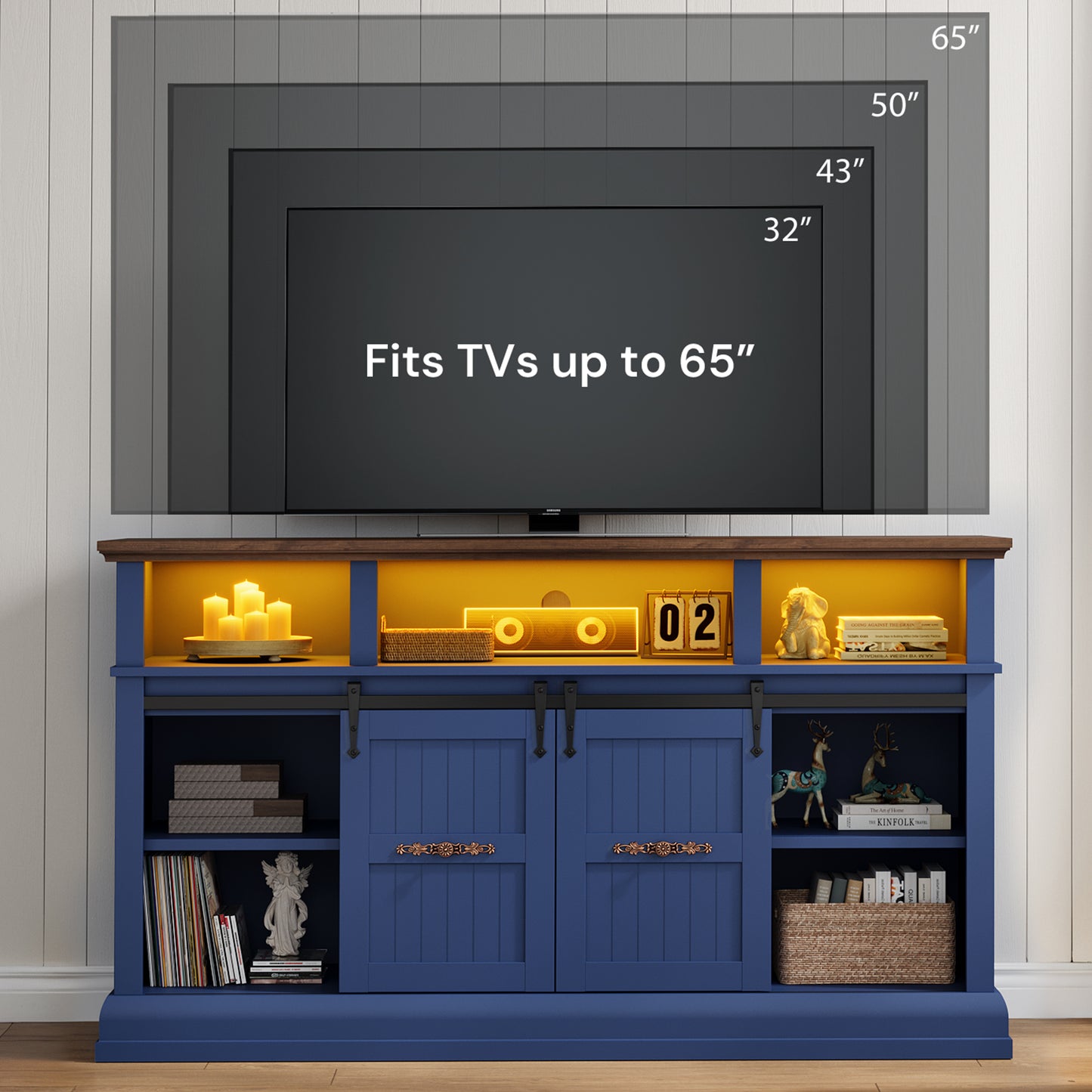 SOLACE FURNITURE Farmhouse TV Stand for 75 Inch TV, 32" Tall Entertainment Center with LED Light, Sliding Barn Doors TV Stand