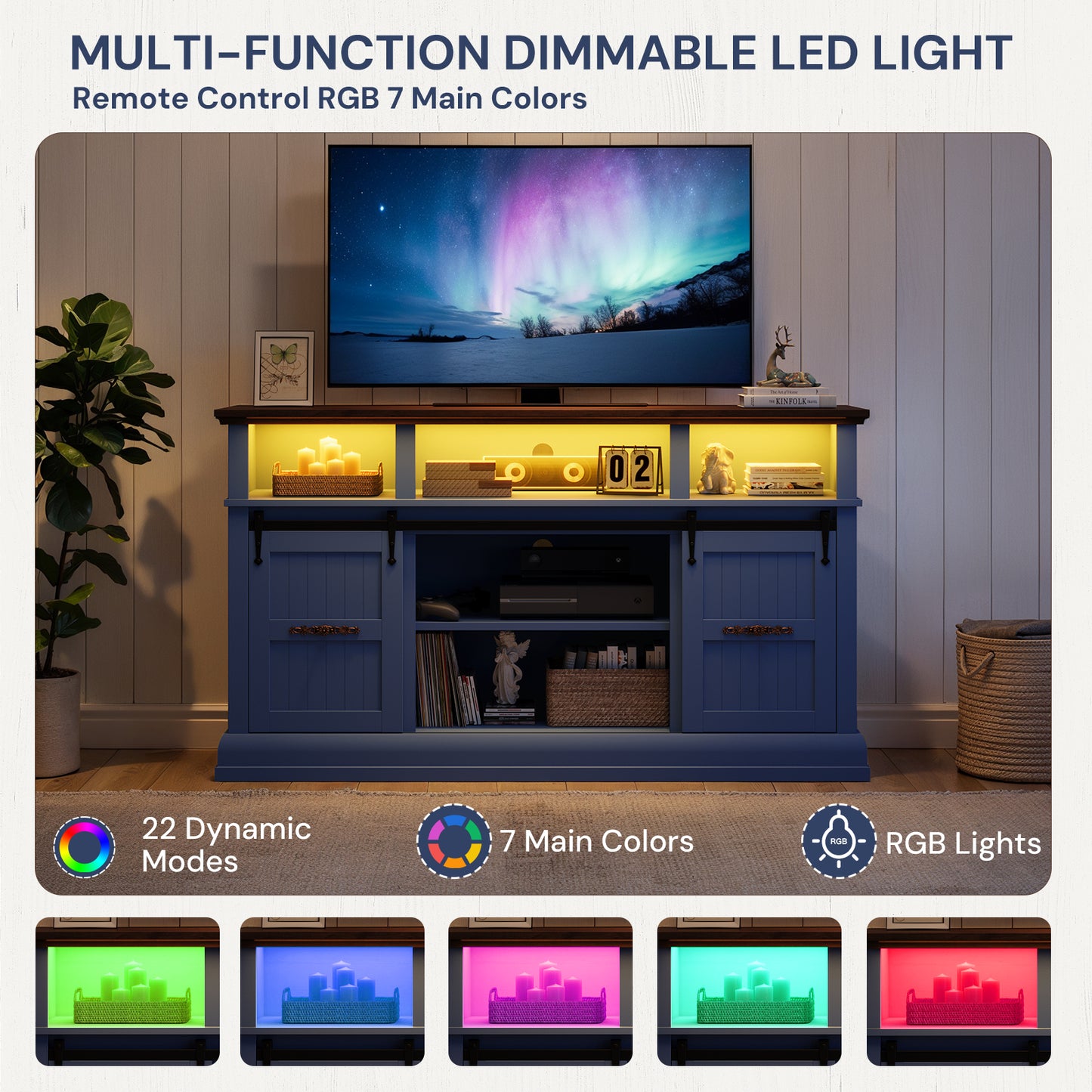 SOLACE FURNITURE Farmhouse TV Stand for 75 Inch TV, 32" Tall Entertainment Center with LED Light, Sliding Barn Doors TV Stand