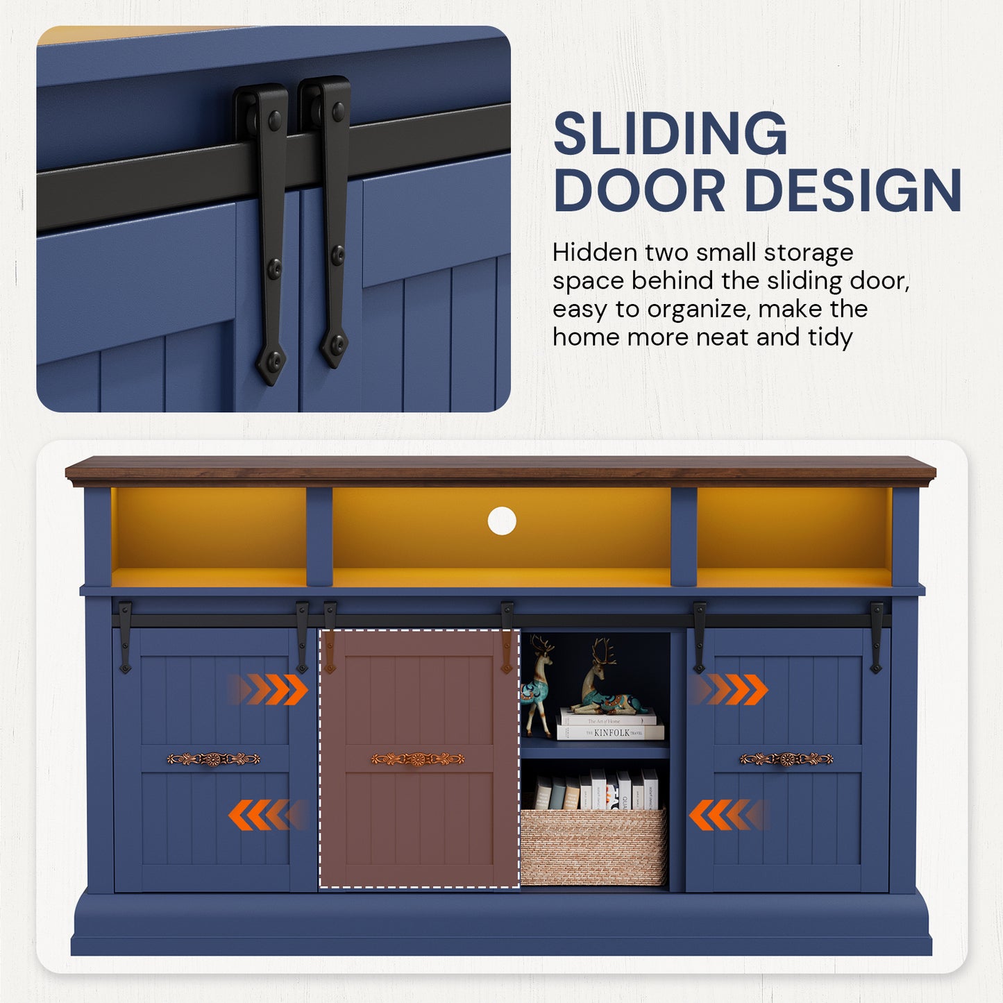 SOLACE FURNITURE Farmhouse TV Stand for 75 Inch TV, 32" Tall Entertainment Center with LED Light, Sliding Barn Doors TV Stand