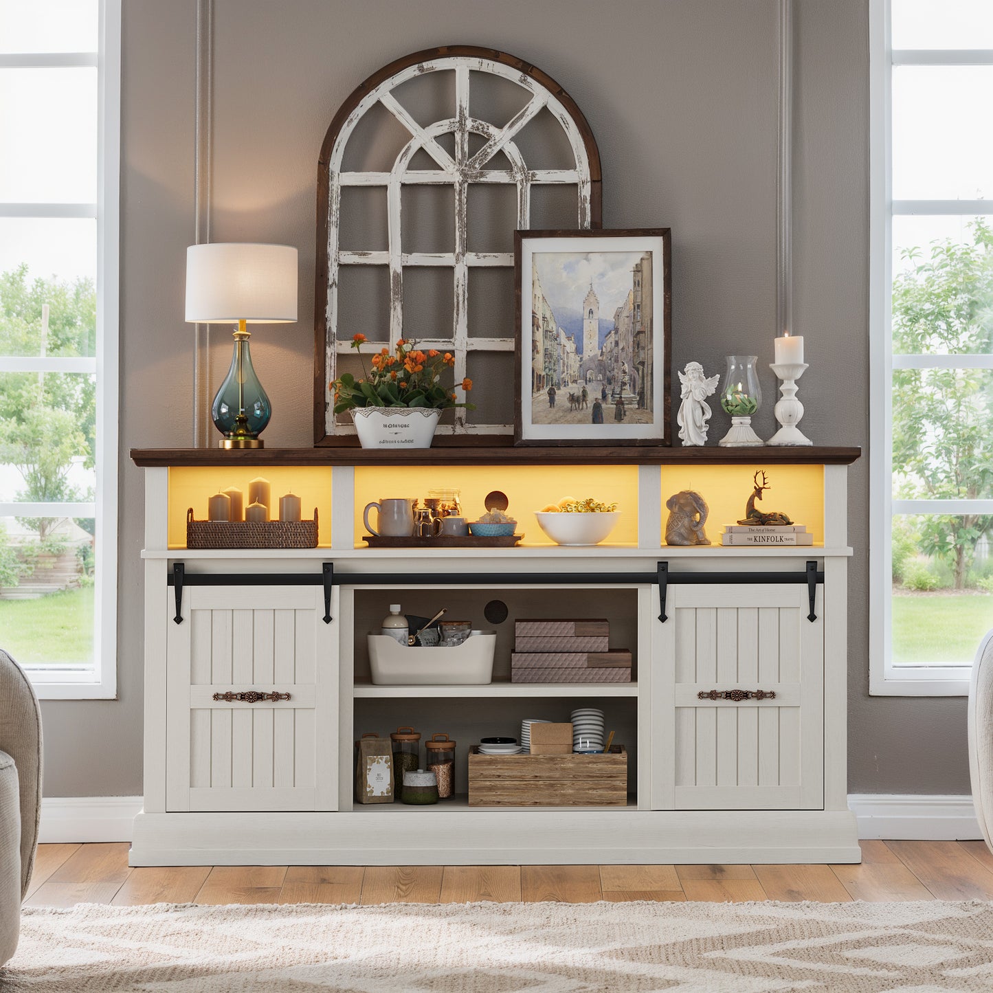 SOLACE FURNITURE Farmhouse TV Stand for 75 Inch TV, 32" Tall Entertainment Center with LED Light, Sliding Barn Doors TV Stand