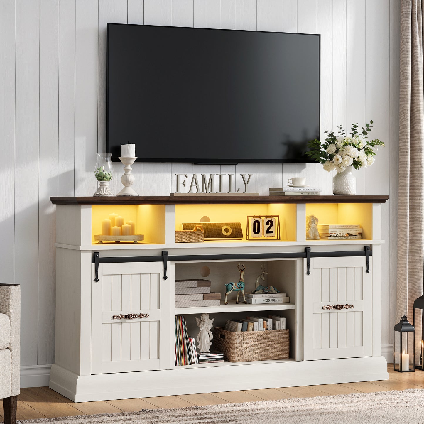 SOLACE FURNITURE Farmhouse TV Stand for 75 Inch TV, 32" Tall Entertainment Center with LED Light, Sliding Barn Doors TV Stand