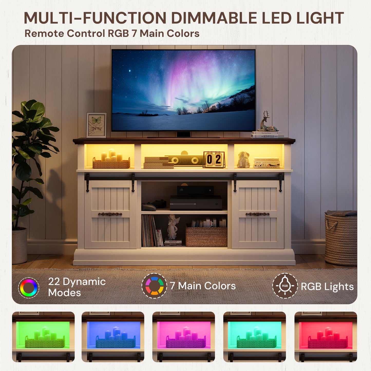 SOLACE FURNITURE Farmhouse TV Stand for 75 Inch TV, 32" Tall Entertainment Center with LED Light, Sliding Barn Doors TV Stand