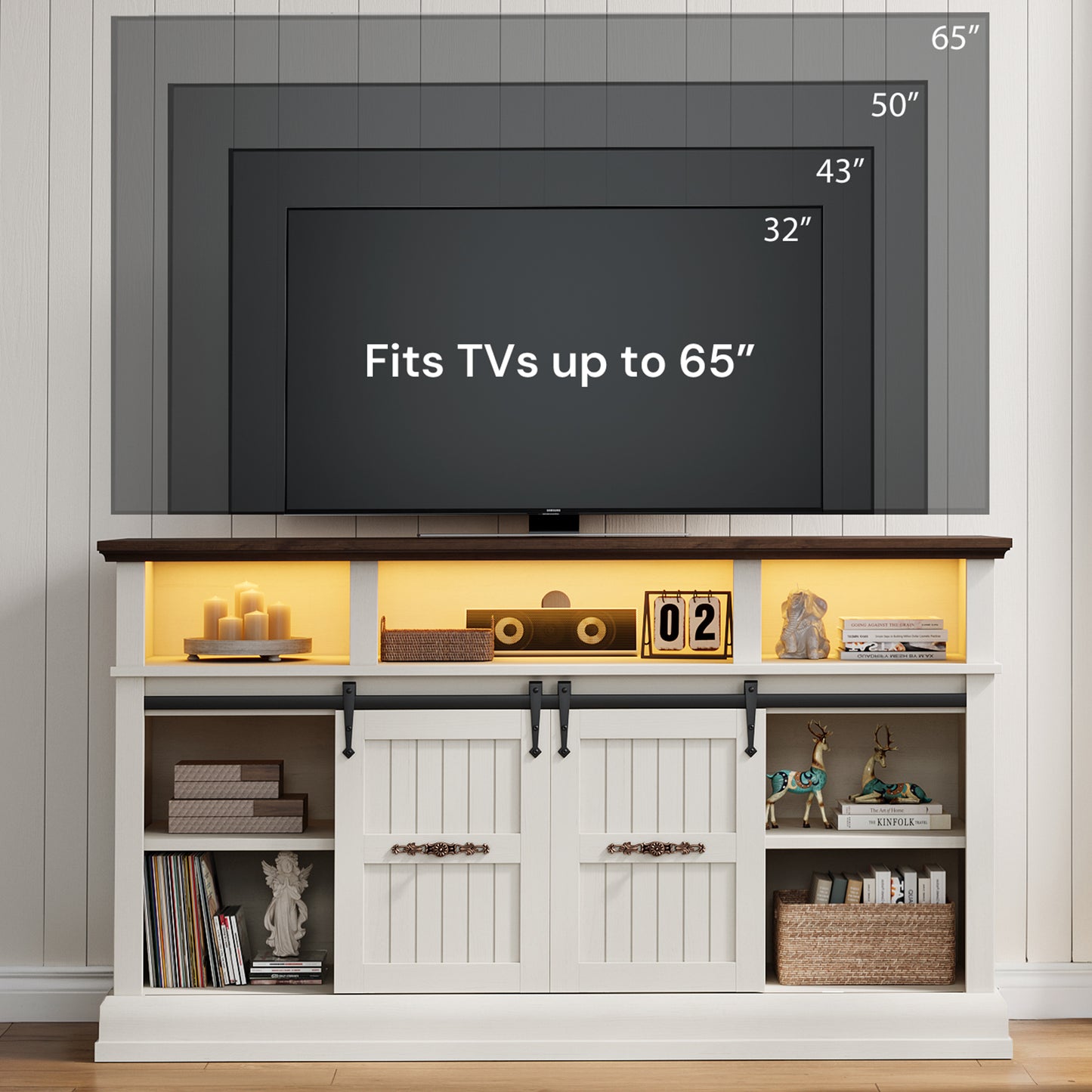 SOLACE FURNITURE Farmhouse TV Stand for 75 Inch TV, 32" Tall Entertainment Center with LED Light, Sliding Barn Doors TV Stand
