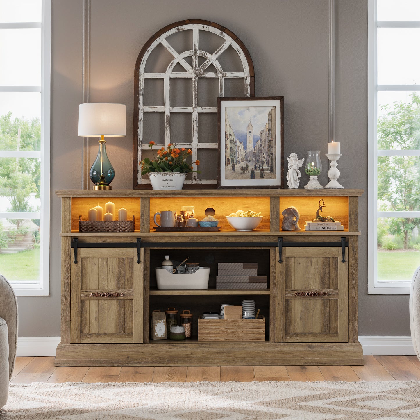 SOLACE FURNITURE Farmhouse TV Stand for 75 Inch TV, 32" Tall Entertainment Center with LED Light, Sliding Barn Doors TV Stand