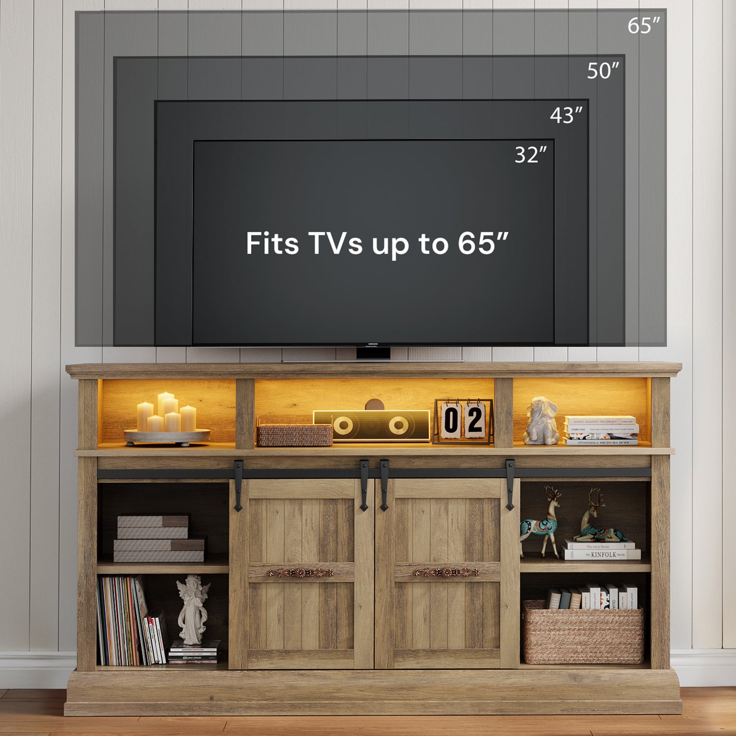 SOLACE FURNITURE Farmhouse TV Stand for 75 Inch TV, 32" Tall Entertainment Center with LED Light, Sliding Barn Doors TV Stand