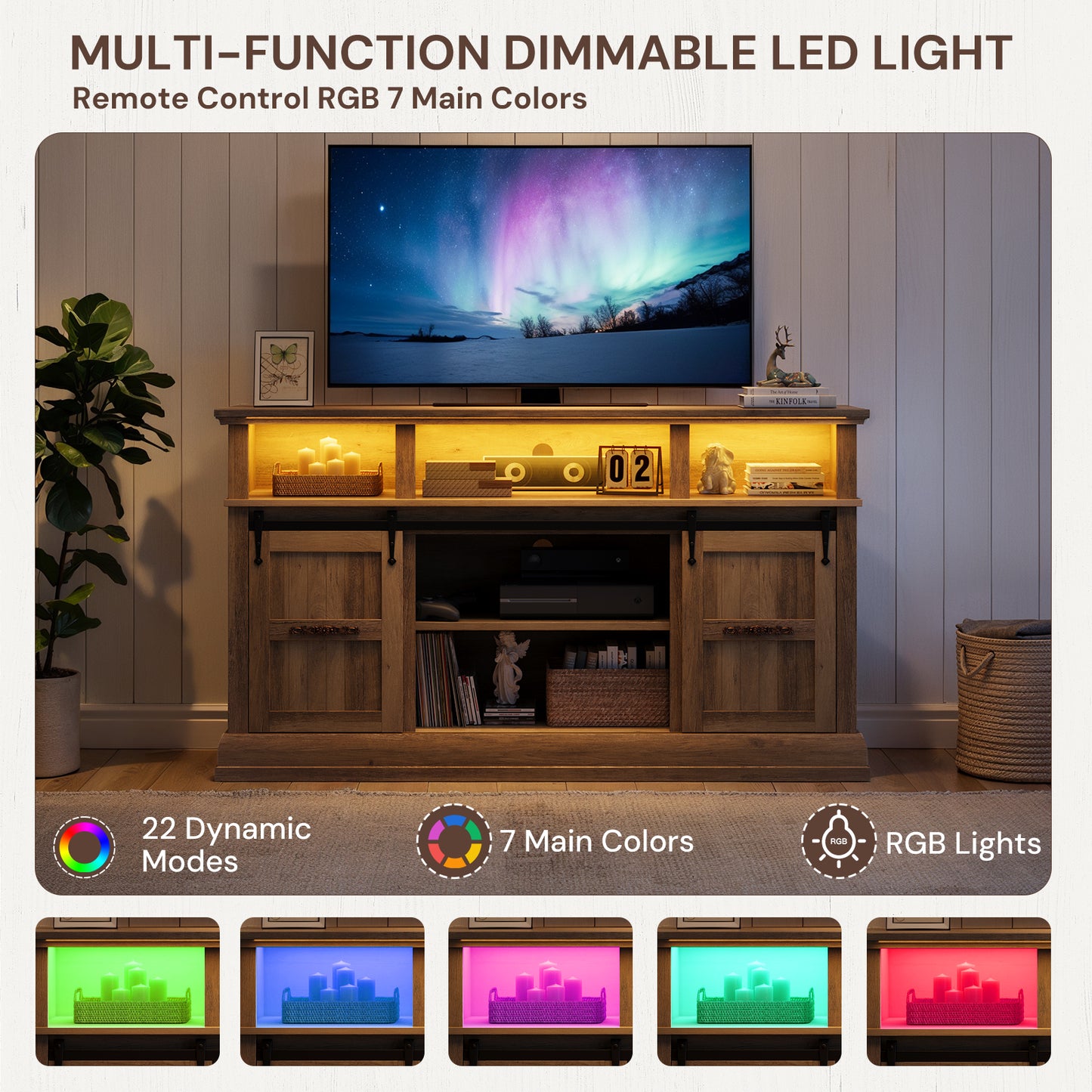 SOLACE FURNITURE Farmhouse TV Stand for 75 Inch TV, 32" Tall Entertainment Center with LED Light, Sliding Barn Doors TV Stand