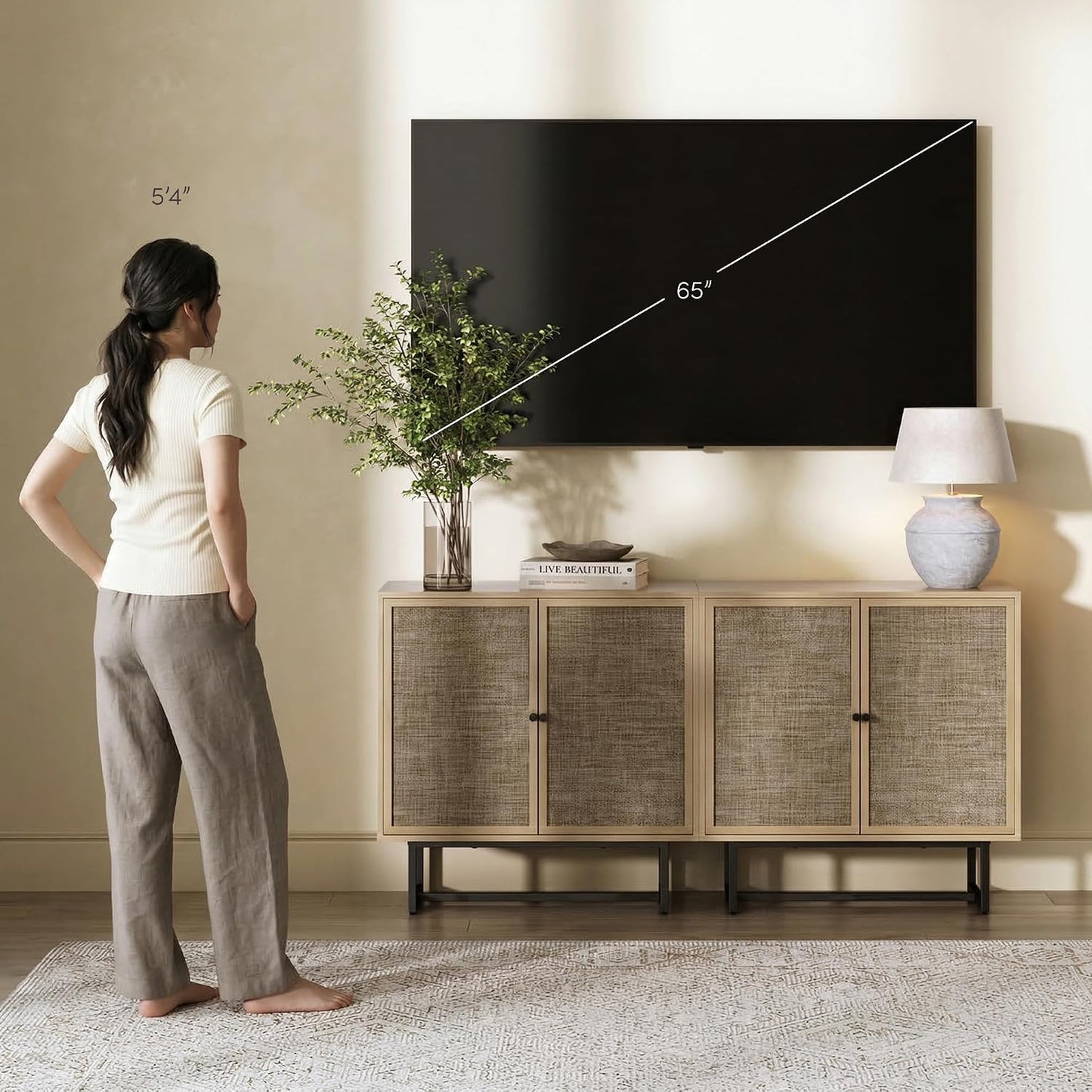 Accent Sideboard Storage Cabinet with Rattan Doors & 2-Tier Organizer Shelf