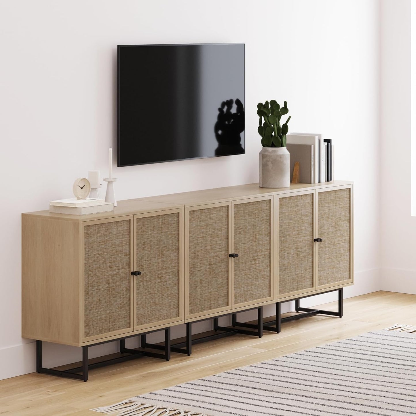 Accent Sideboard Storage Cabinet with Rattan Doors & 2-Tier Organizer Shelf