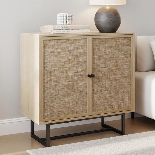 Wood and Rattan Storage Cabinet with Doors, 31.5" Wide 2-Tier Organizer Shelf, Freestanding Pantry Cabinet