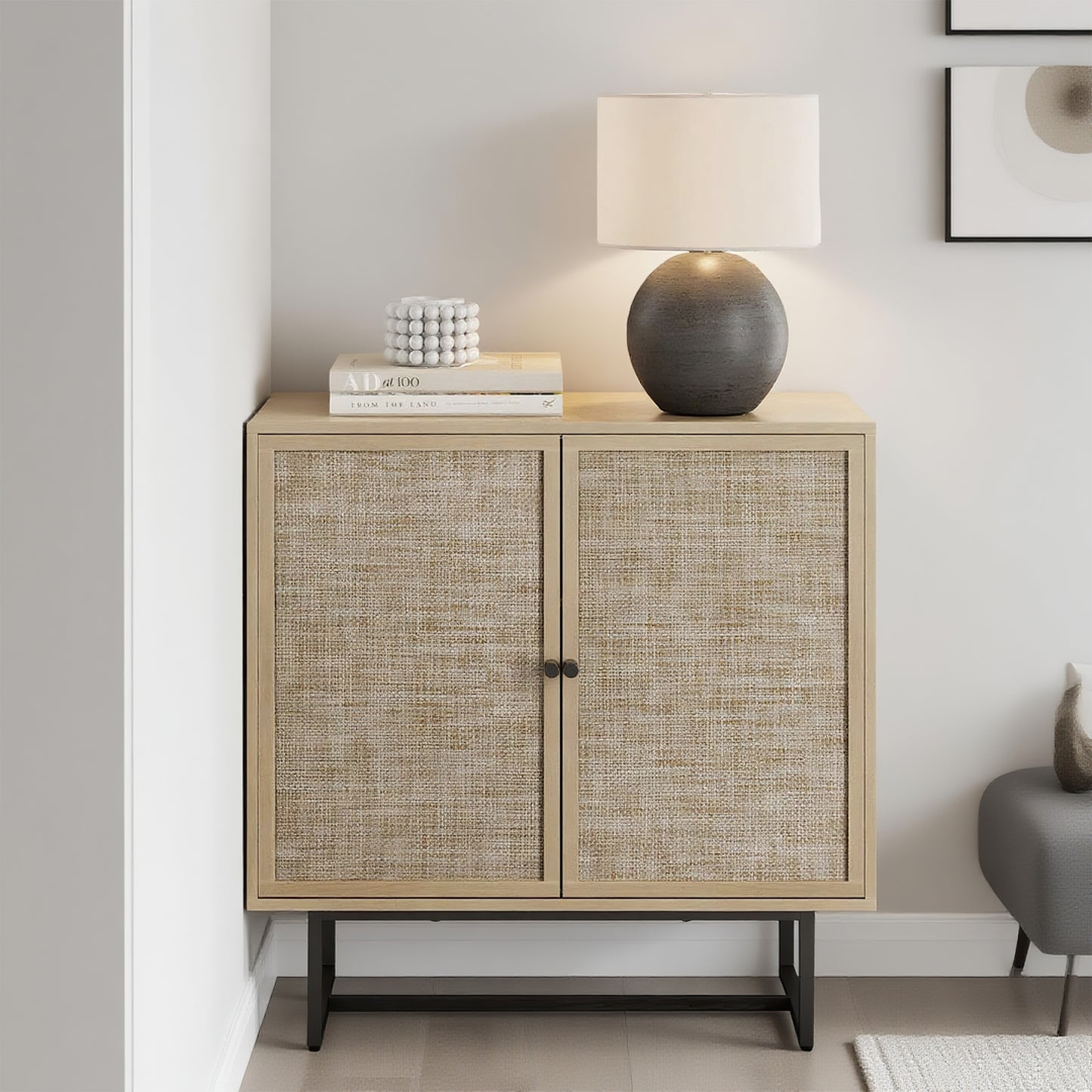 Wood and Rattan Storage Cabinet with Doors, 31.5" Wide 2-Tier Organizer Shelf, Freestanding Pantry Cabinet