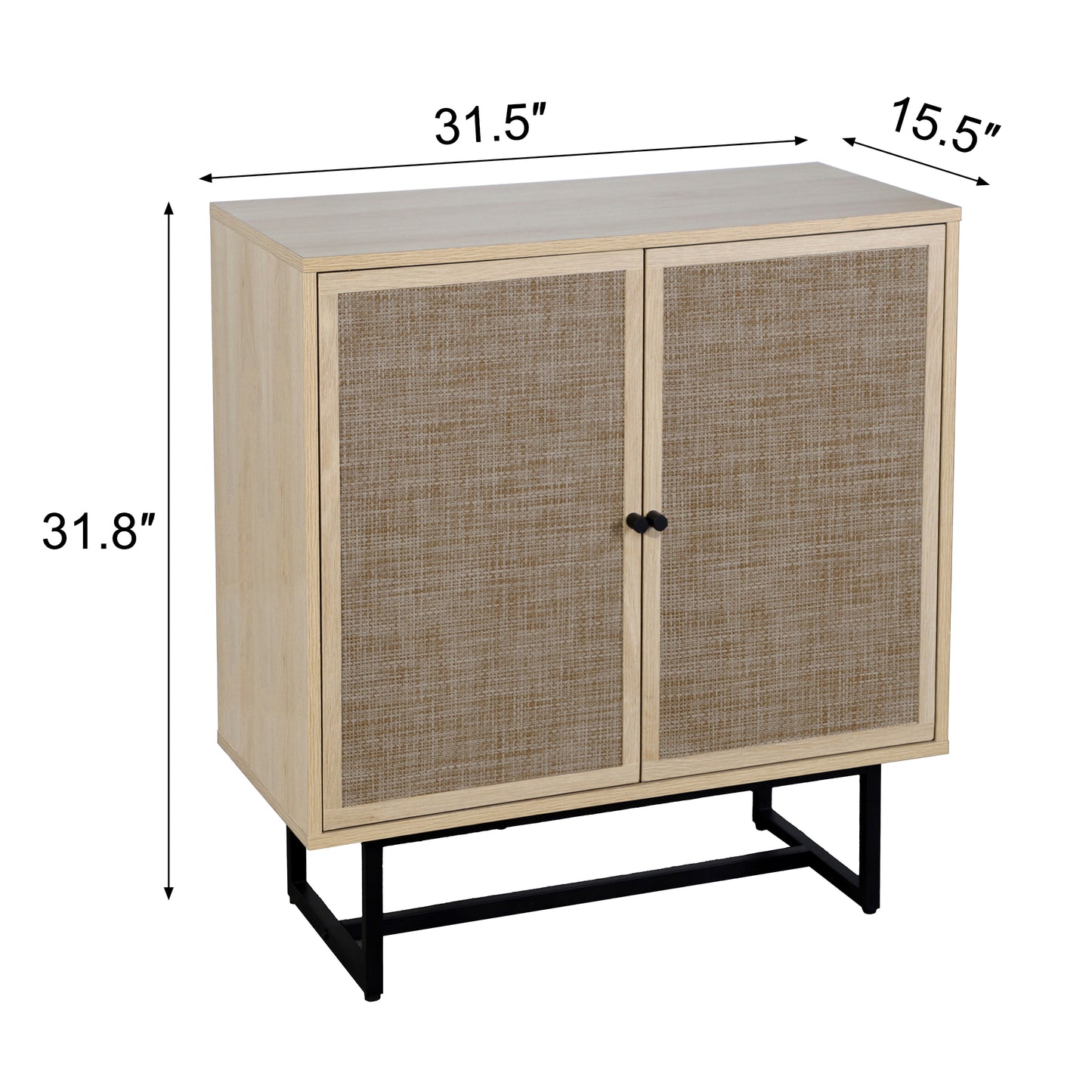 Wood and Rattan Storage Cabinet with Doors, 31.5" Wide 2-Tier Organizer Shelf, Freestanding Pantry Cabinet